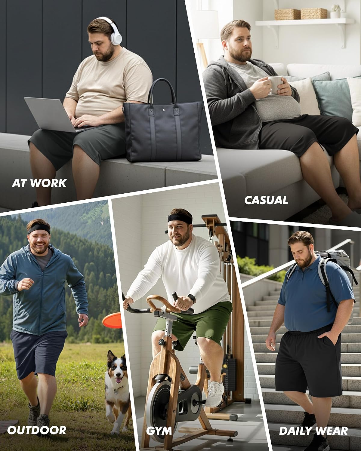 Detalle de BOOJO 3 Pack Big & Tall Men's Gym Shorts – 3XL–5XL, Black with Pockets
