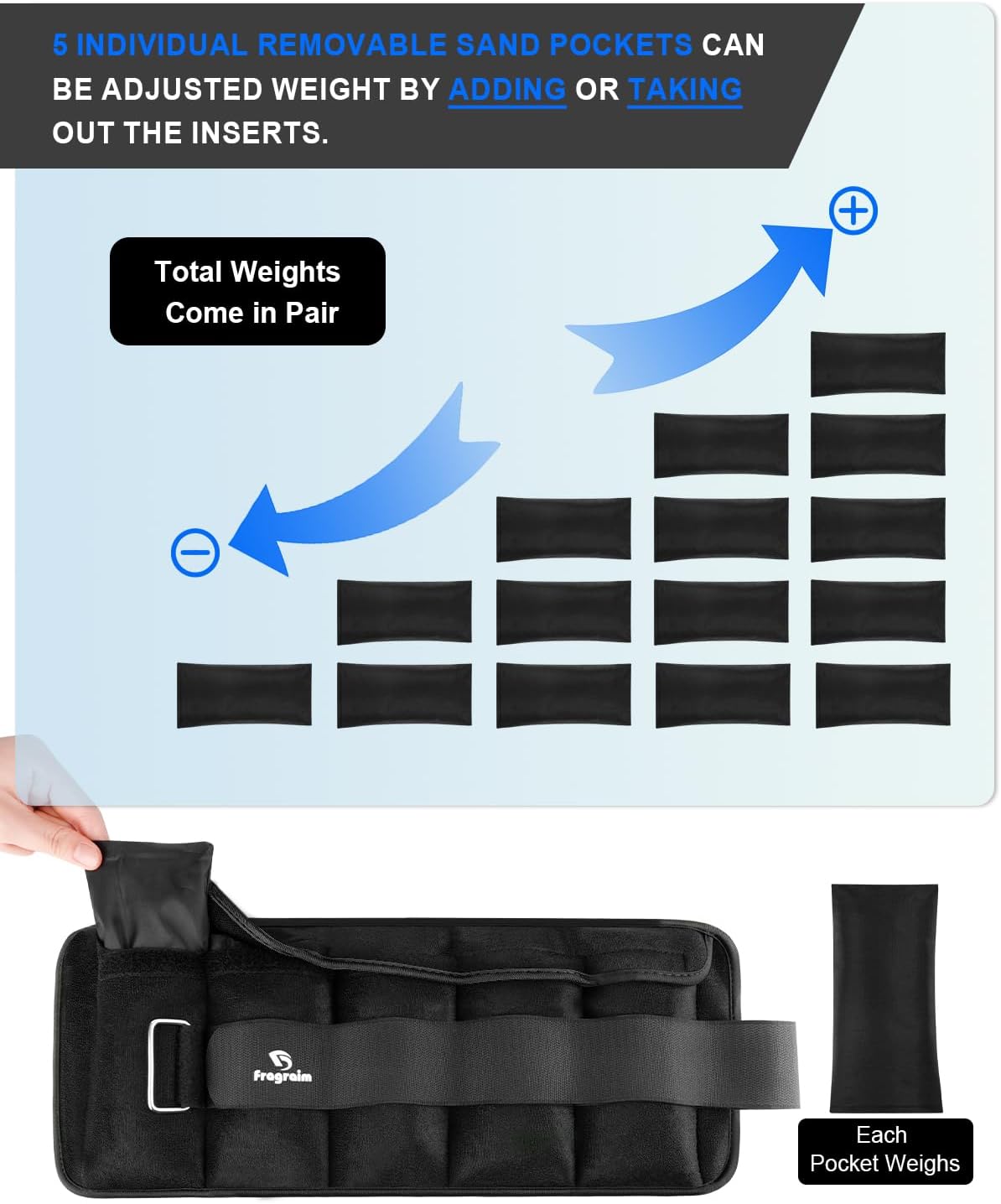 Detalle de Fragraim Adjustable Ankle Weights (Pair) with Removable Weight, 1–20 lb Options