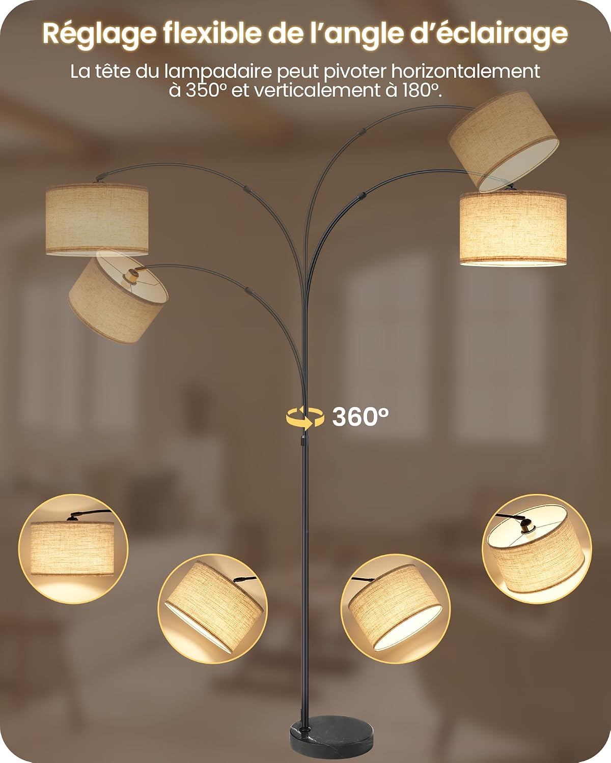Detalle 2 de GOEBLESON ST-F31107 boogvloerlamp, beige-goud, verstelbaar en dimbaar