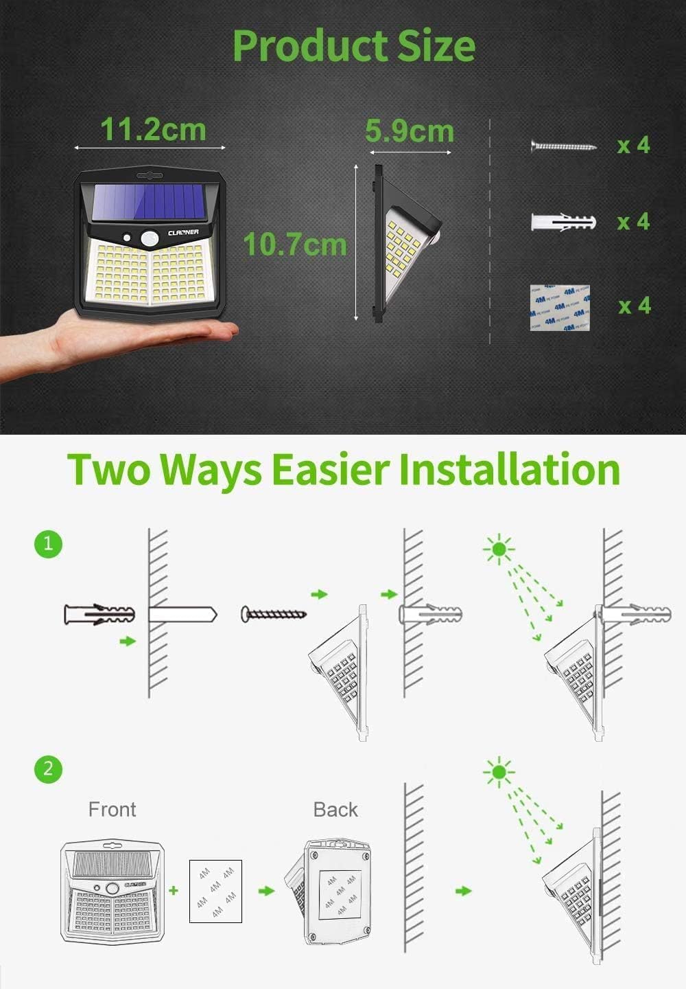 Detalle de CLAONER Solar Powered Lights Outdoor 4-Pack: 128 LEDs, 270° Motion Sensor Wall Lights