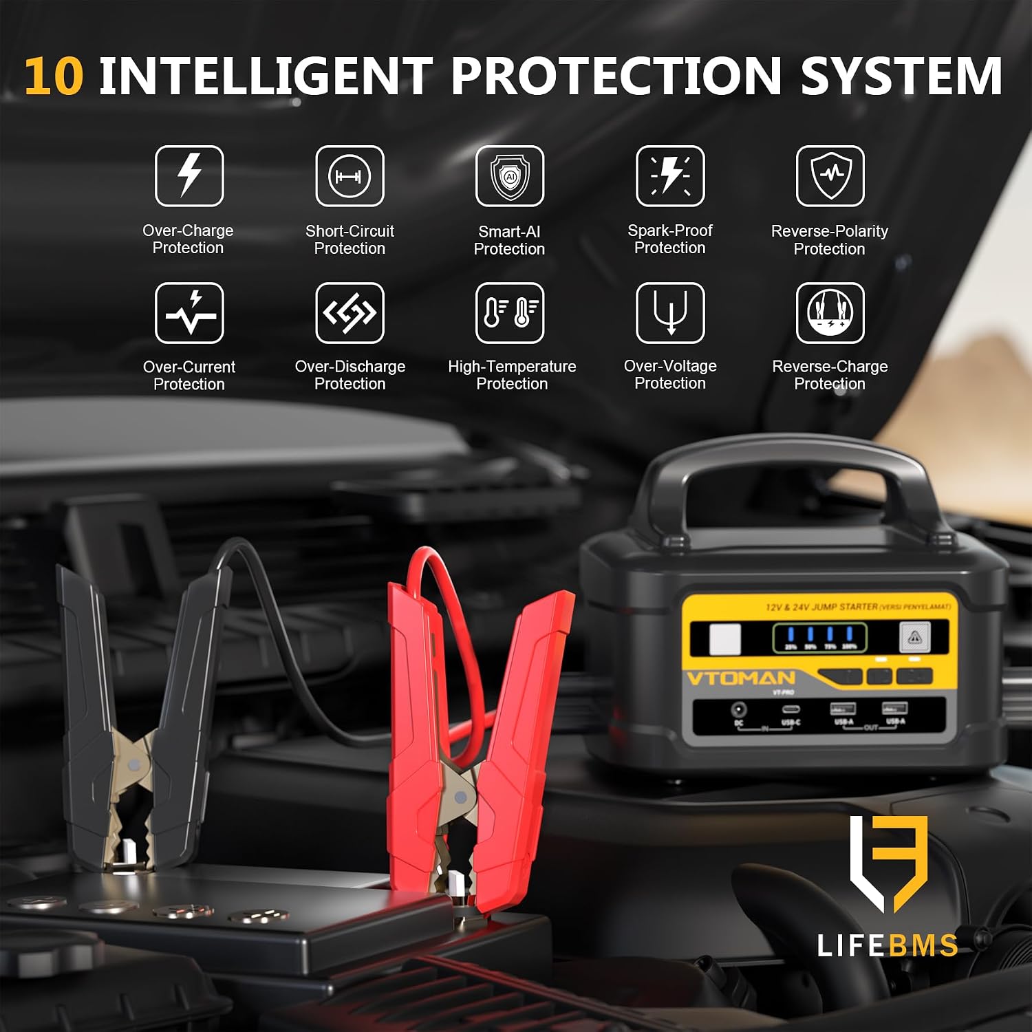 Detalle de VTOMAN VT-PRO 10000A Jump Starter Power Pack (12V/24V) with 58800mAh Capacity
