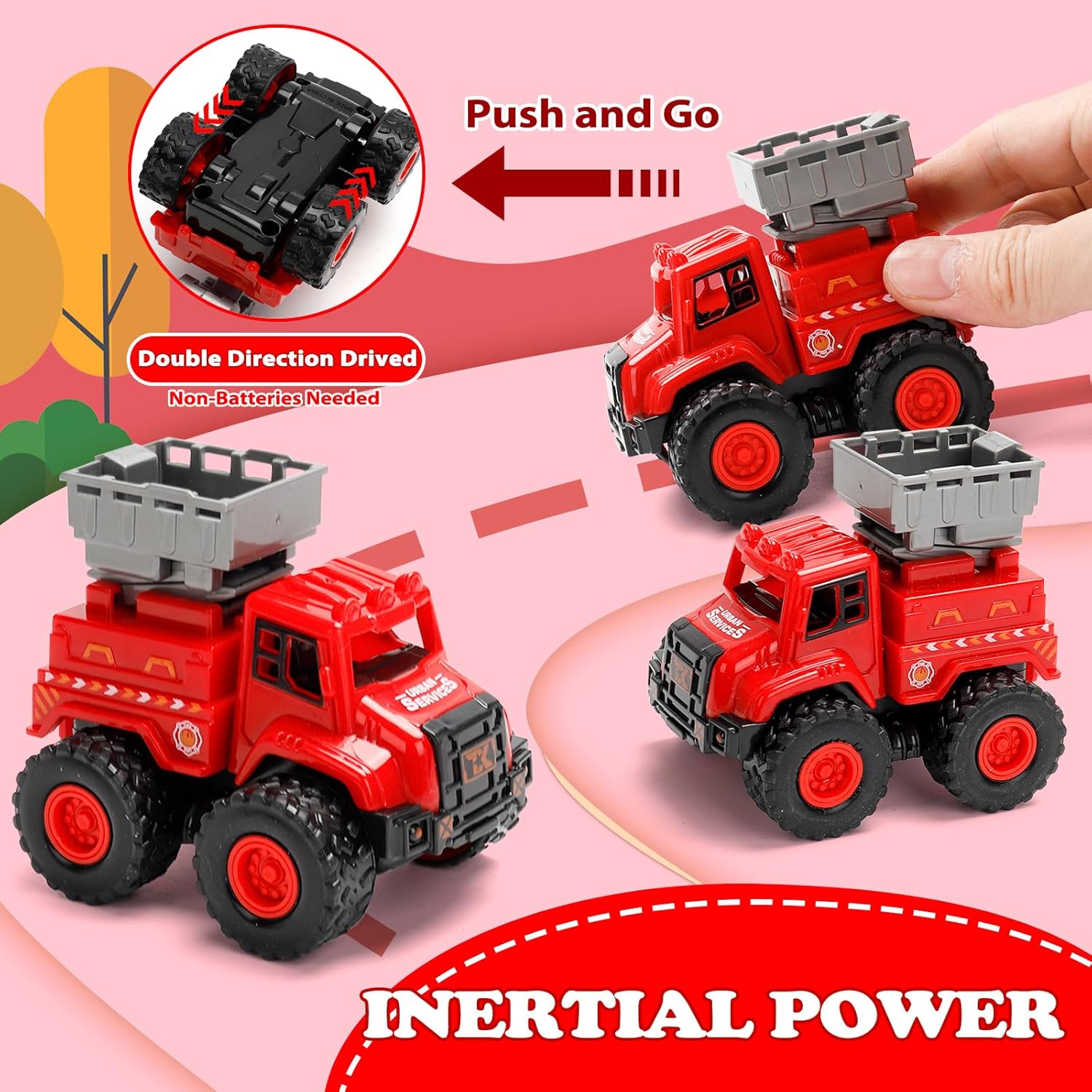 Thumbnail 1 de 4er-Set Feuerwehrautos Spielzeug (Push & Go) ohne Batterie – inkl. Leiterwagen, Tankwagen, Rettungs- & Bohrfahrzeug