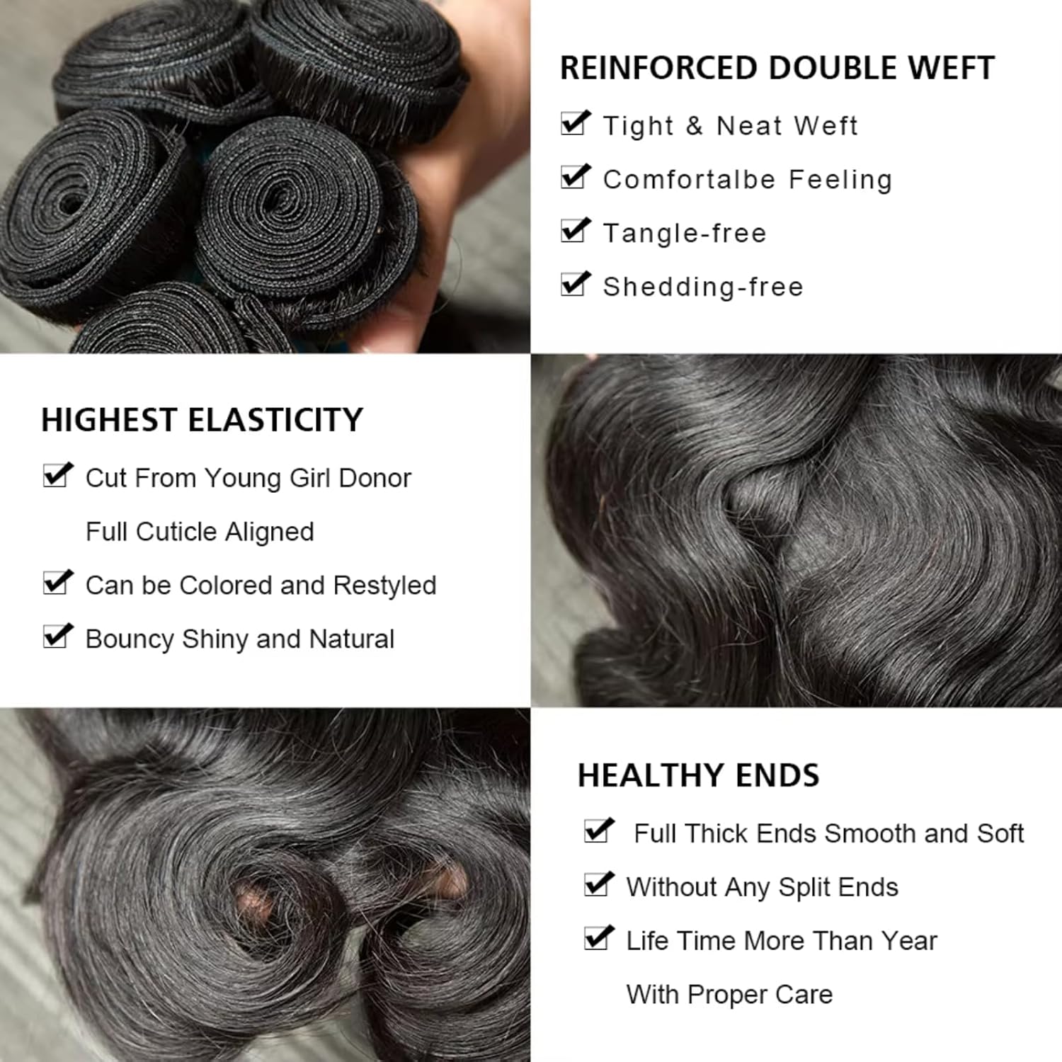 Detalle 2 de SDDRSRA 12A Human Hair Bundles, 20/22/24-Inch Body Wave, Natural Black