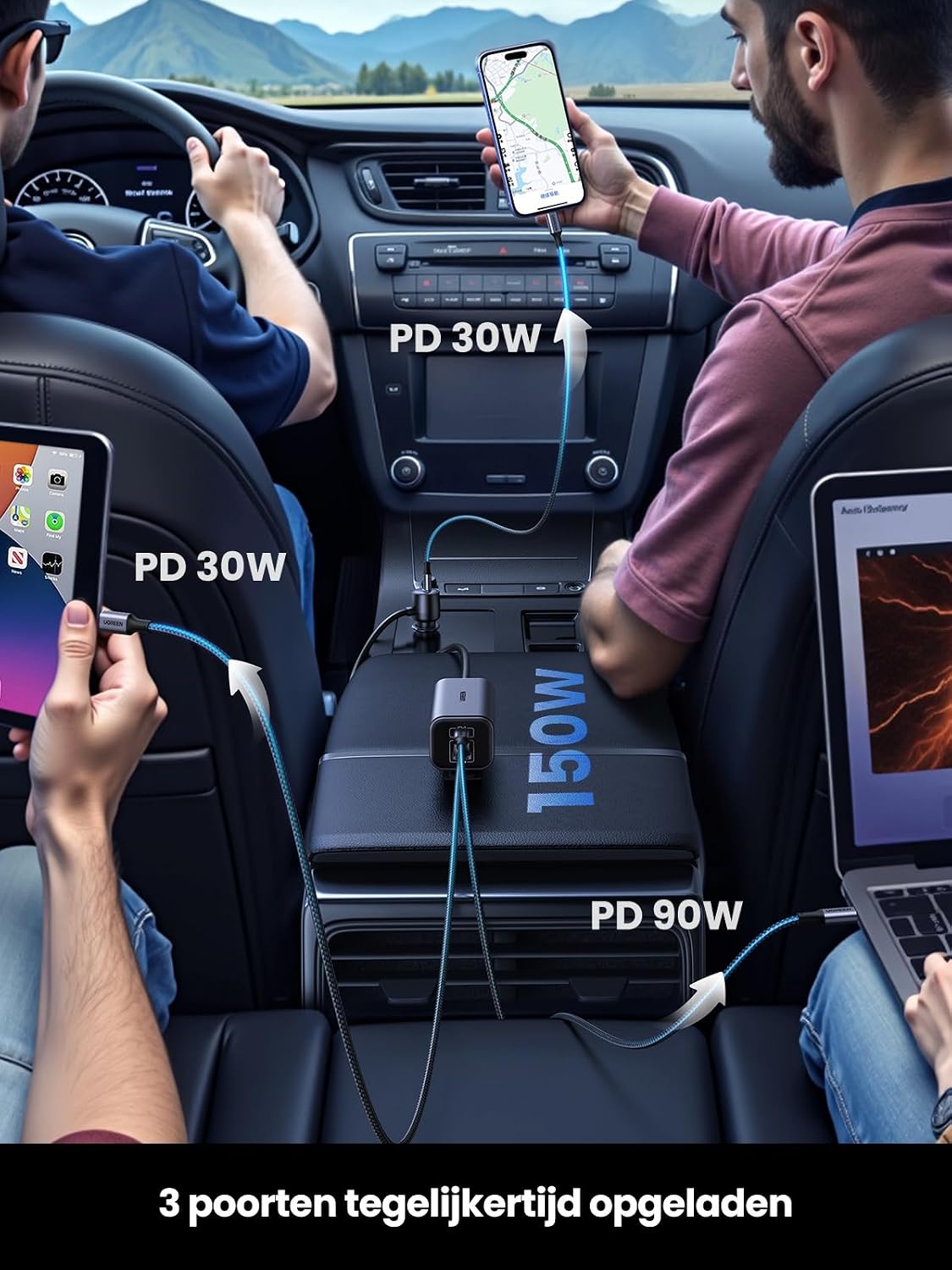 Detalle 1 de UGREEN 150W 4-in-1 autolader met 3 USB-C-poorten, USB-A en GaN