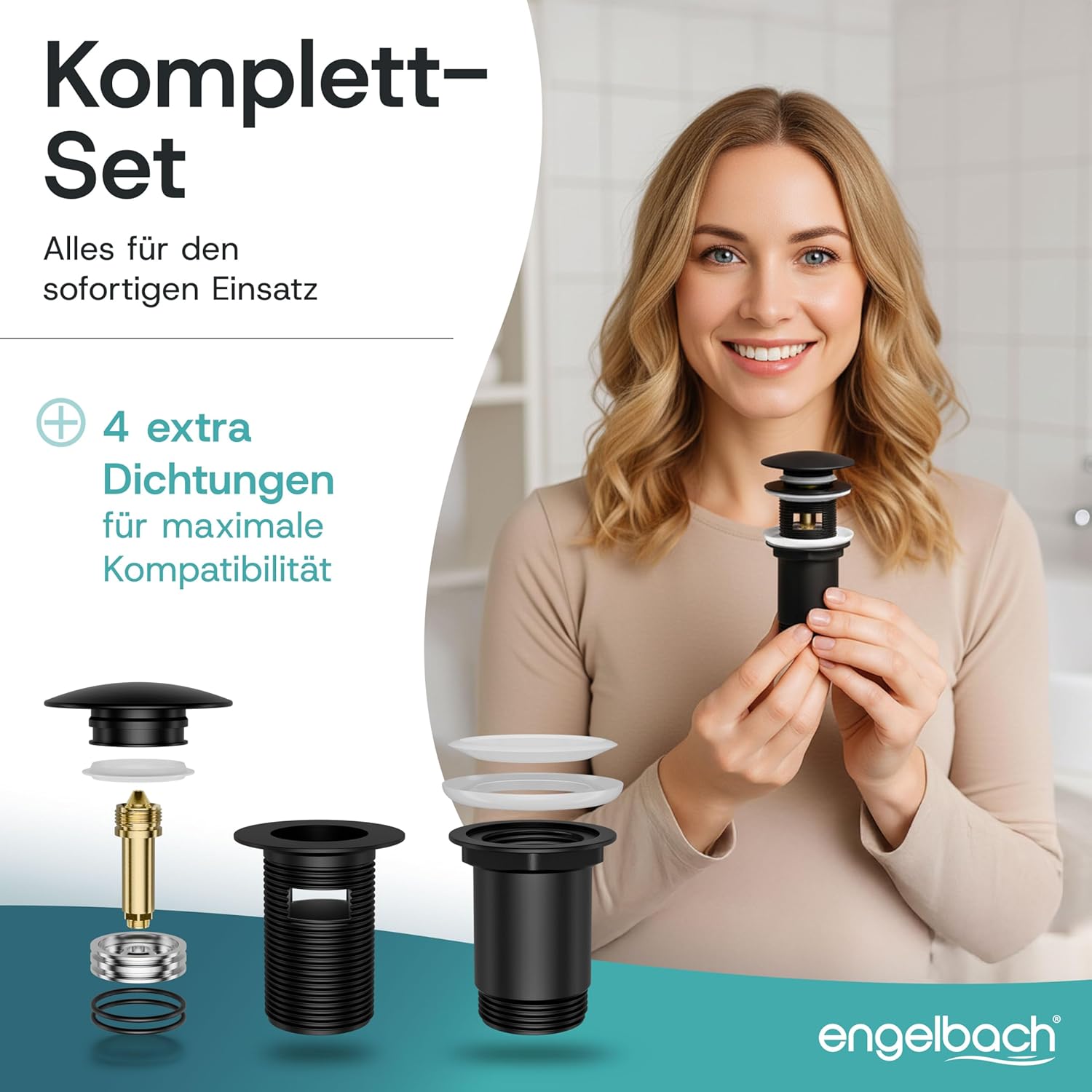Thumbnail 6 de Engelbach Universal Waschbecken Ablaufgarnitur – Pop-Up Ventil mit Überlauf, herausziehbarem Stöpsel inkl. Haarsieb