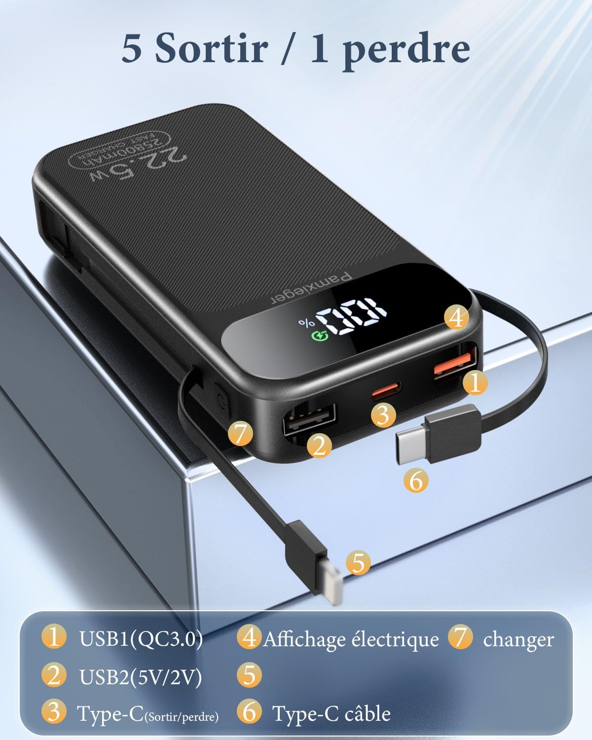 Detalle de Power Bank 25800mAh 22,5W PD3.0 QC4.0 de zamxueyo — charge rapide avec écran LCD et câble USB-C intégré