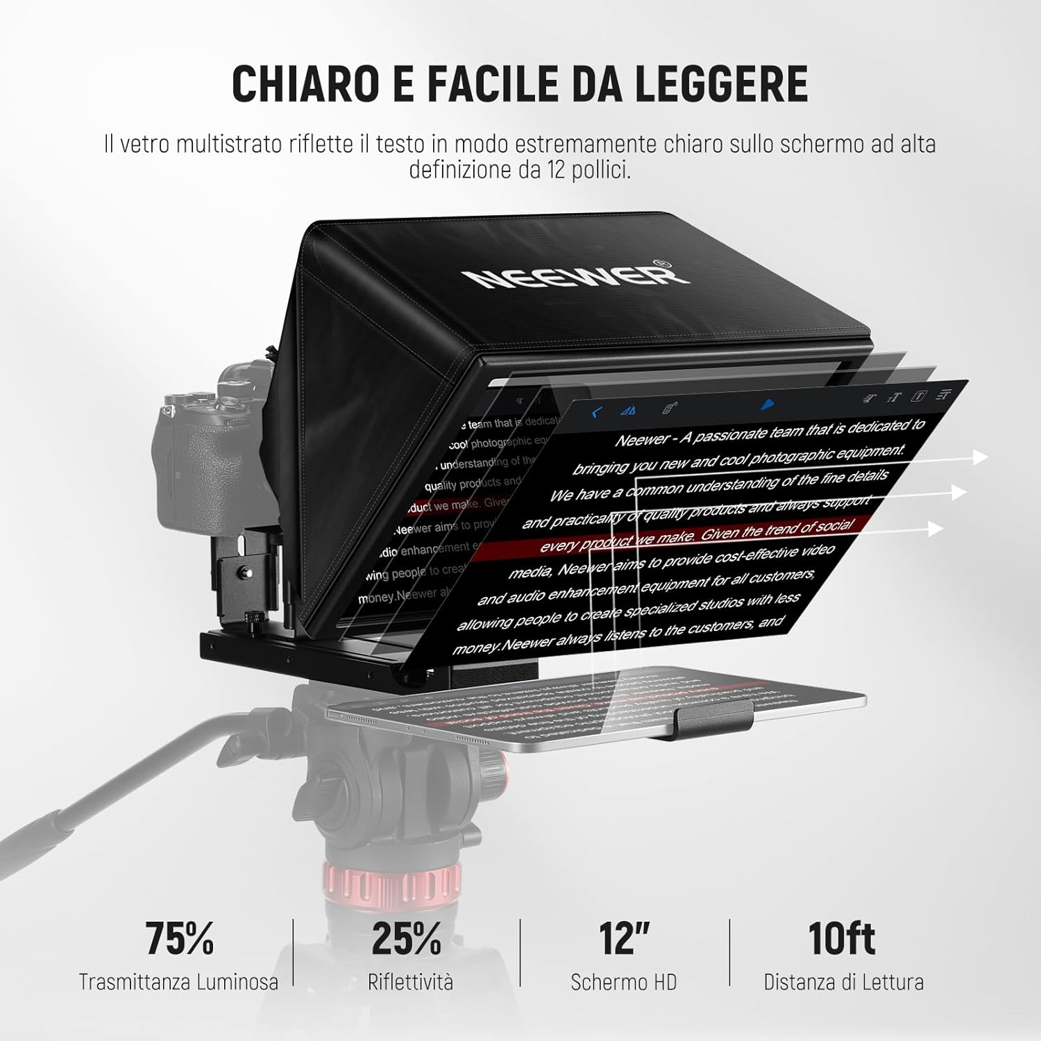 Thumbnail 3 de NEEWER BASICS X12B teleprompter sollevabile in lega di alluminio da 12" per iPhone, iPad, tablet e fotocamere