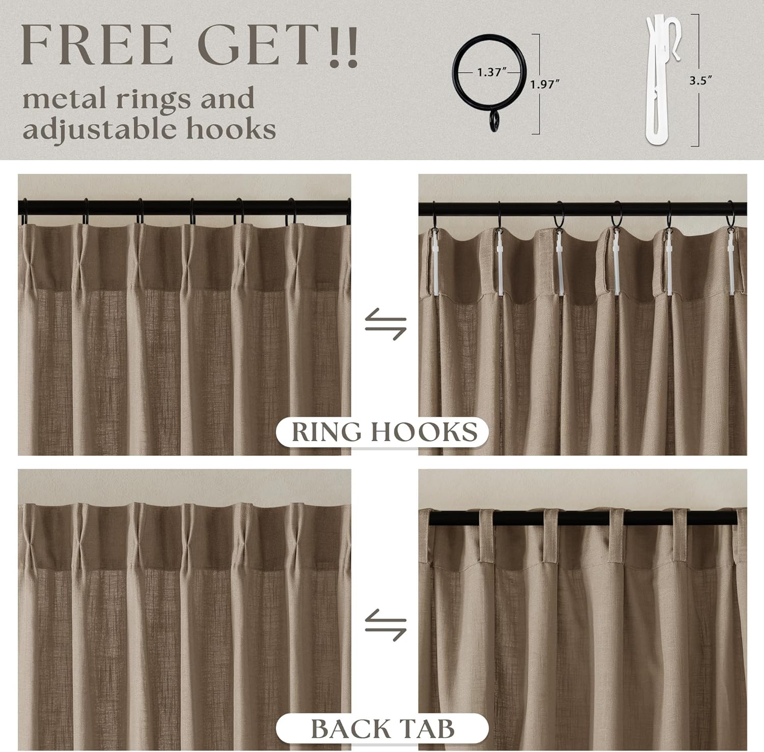 Thumbnail 4 de Neutral Linen Pinch Pleat Curtains, 84-Inch Length (Set of 2) — Farmhouse Boho Back Tab Look