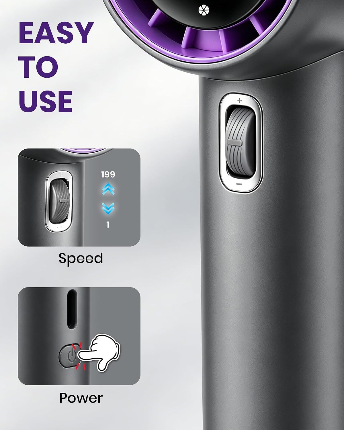 Detalle de Portable Handheld Fan 5000mAh (GF02 Grey) — Compact Turbo Personal Fan with 199 Speeds and LED Display