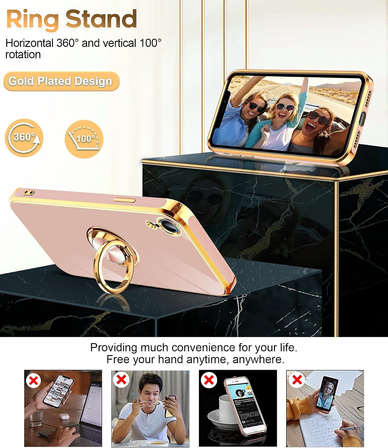 Detalle de LeYi iPhone XR Case with Tempered Glass Screen Protector (2-Pack) 360° Magnetic Kickstand Ring Holder, Rose Gold Edge, Pink