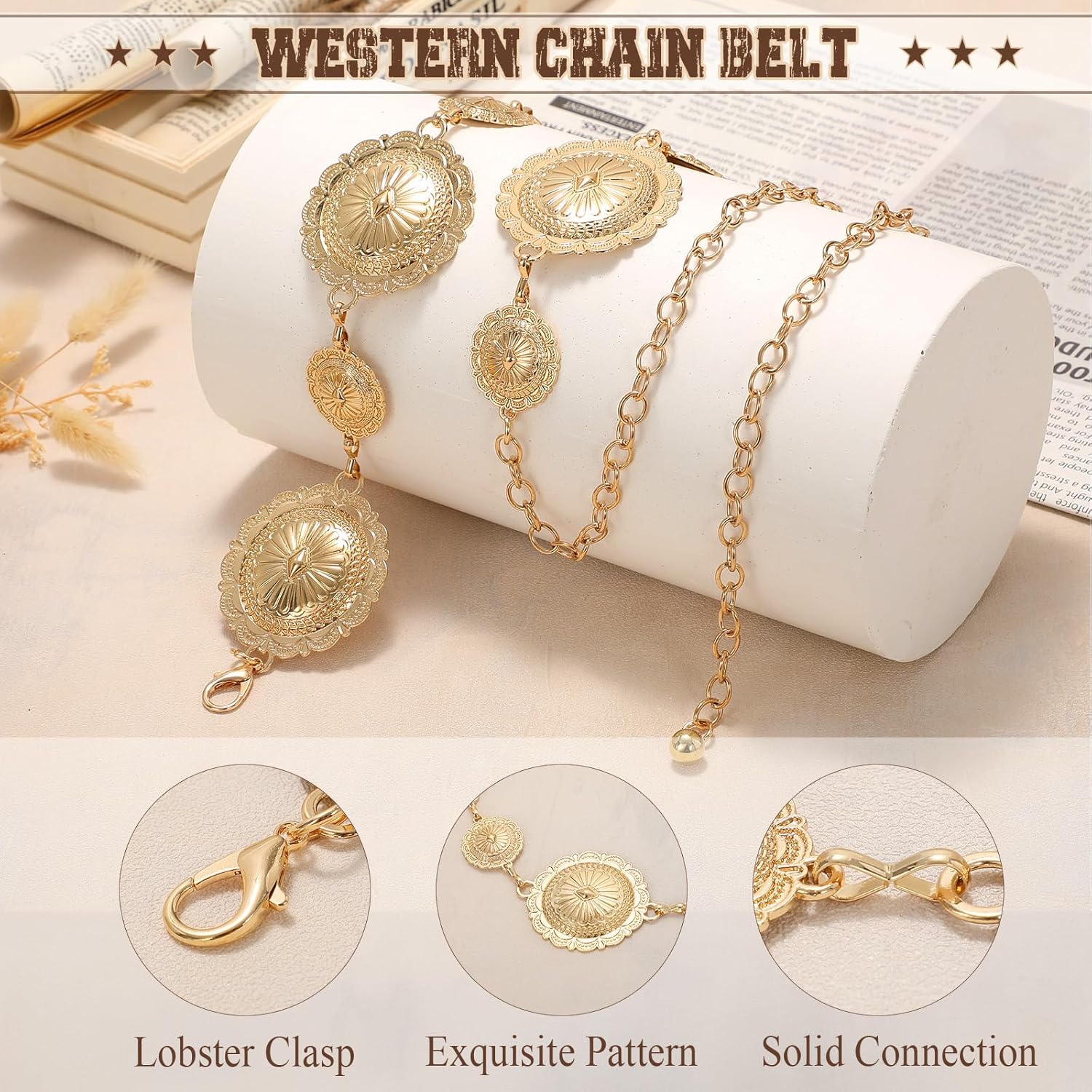 Thumbnail 1 de WHIPPY Women’s Western Metal Concho Belt – adjustable vintage boho gold chain waist chain