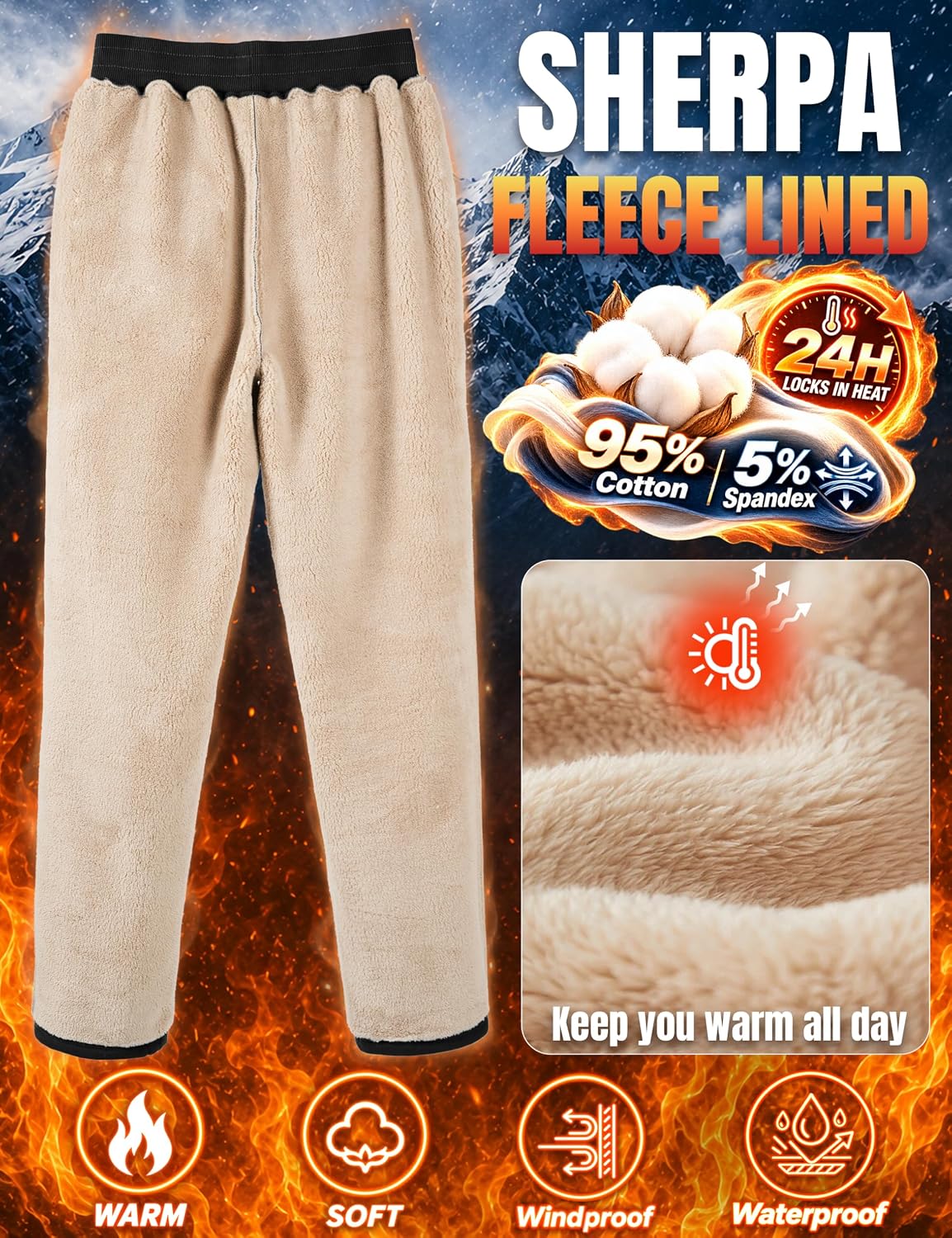 Detalle 2 de MAGCOMSEN Men's Sherpa-Lined Sweatpants, Heavyweight Fleece Joggers with 3 Pockets