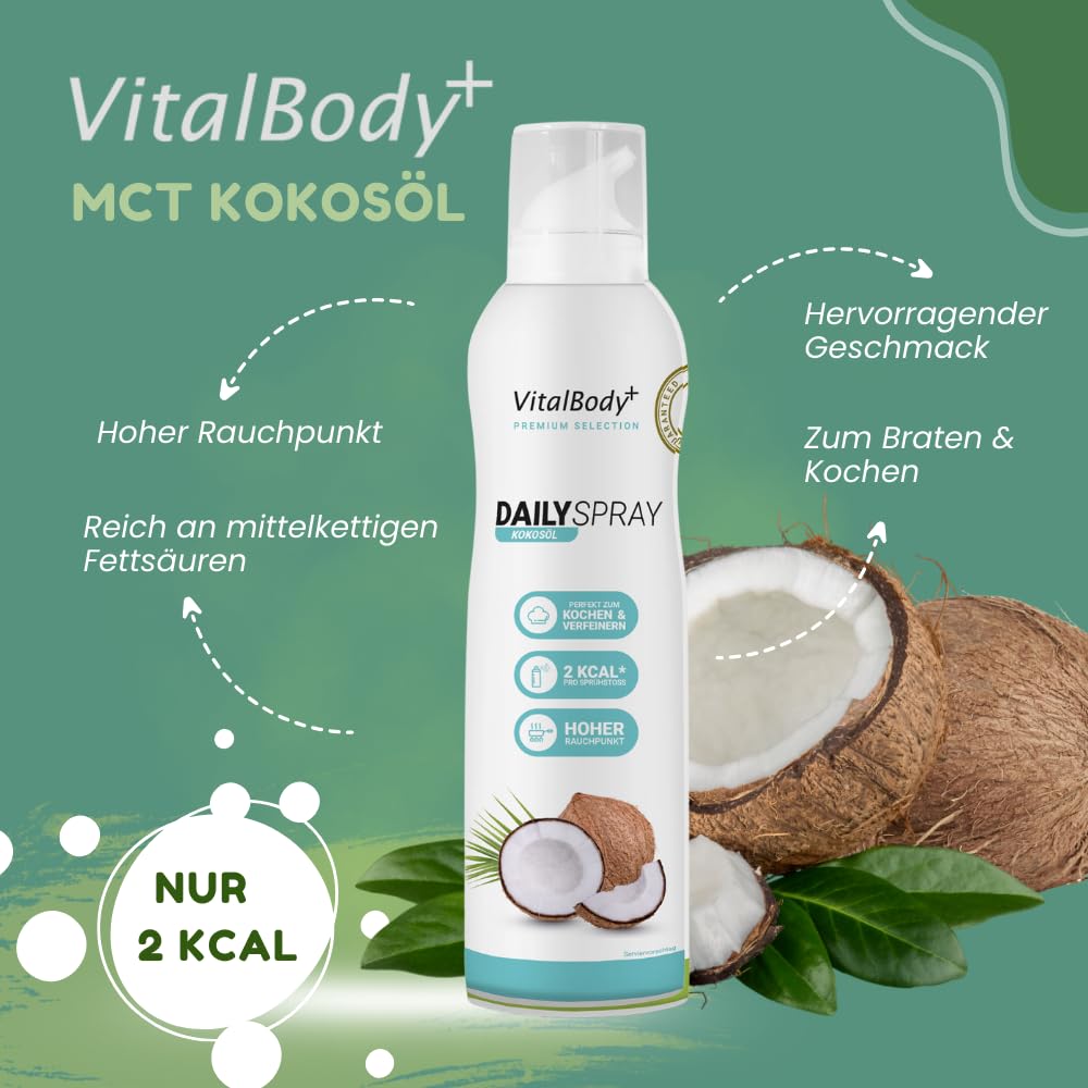 Detalle 2 de VitalBody+ DailySpray MCT Kokosöl – Kalorienarmes Ölspray (4er Pack, 3200 Portionen) für Airfryer, Braten & Grillen