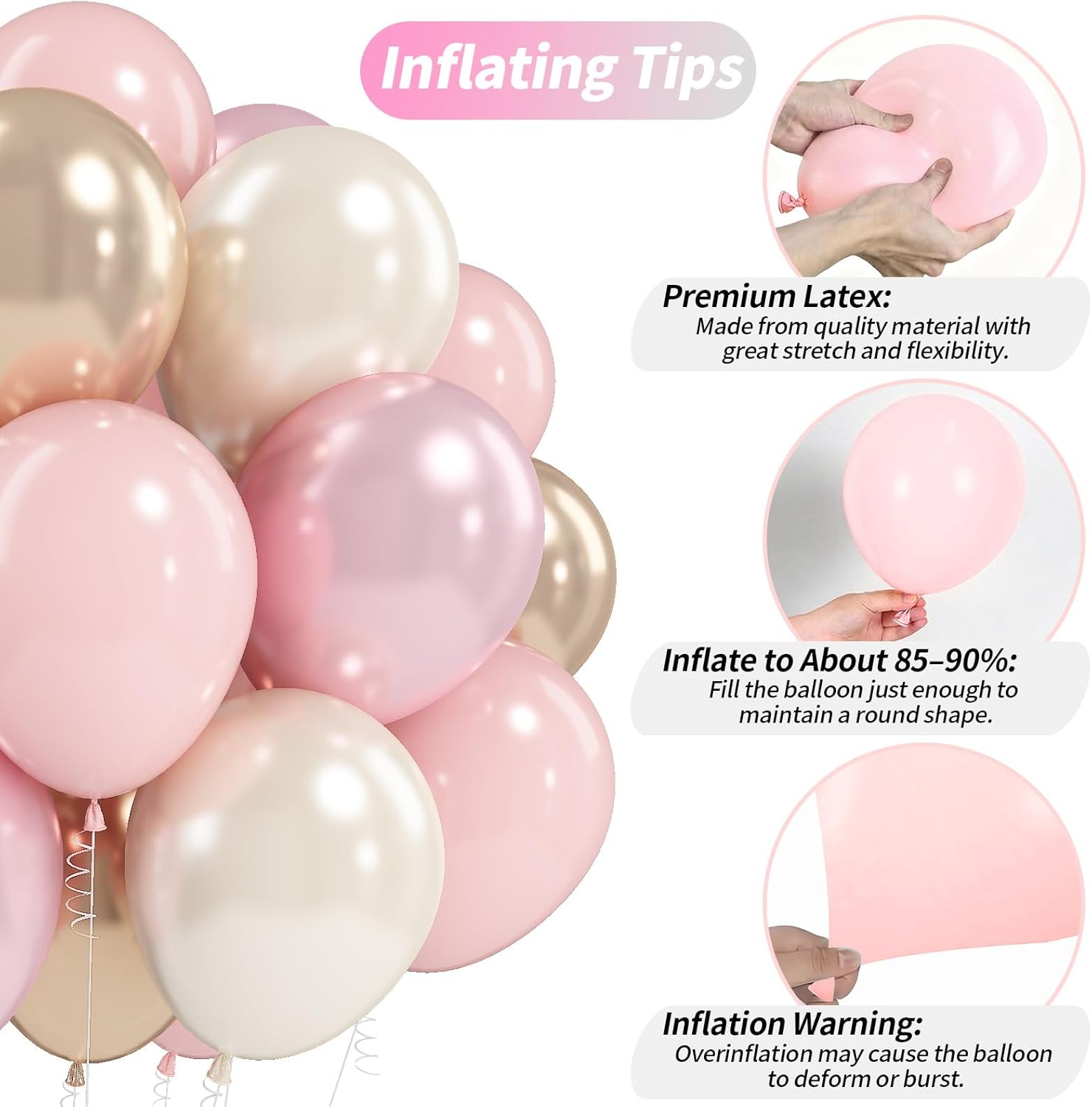 Thumbnail 5 de White Pink Gold Balloons Set, 12 Inch Double Stuffed Pearls in Blush Pink & Champagne Gold — 50 pcs for Fairy Birthday, Wedding & Party Decor