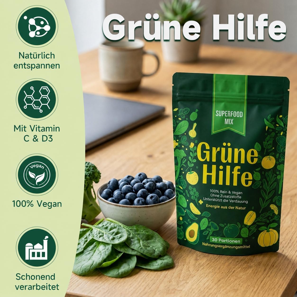Detalle de Grüne Entgiftungspulver, 210 g – Grünes Superfood Pulver mit 24 Nährstoffquellen, Vitamin C & D3