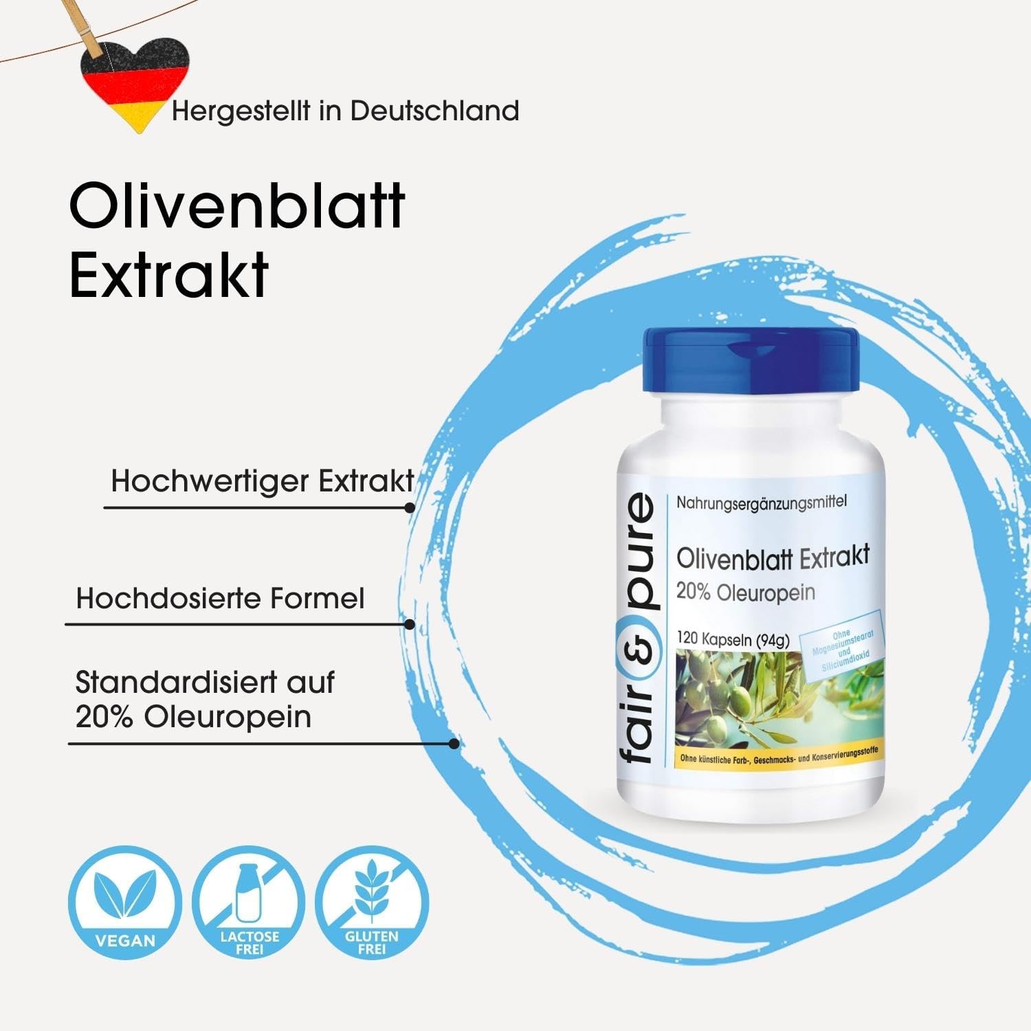 Detalle de Fair & Pure Olivenblatt Extrakt 500 mg, 120 Kapseln – vegan, ohne Magnesiumstearat, in Deutschland hergestellt