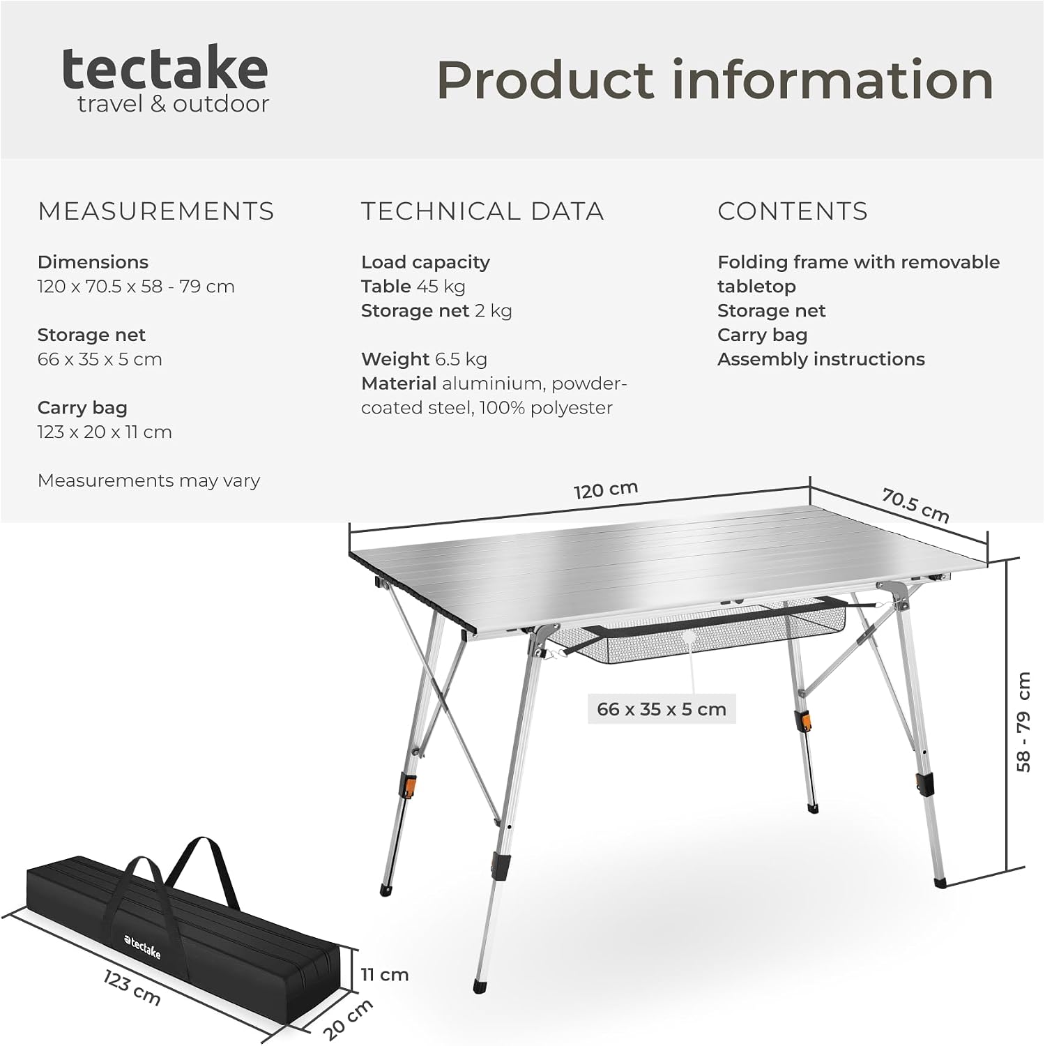 Detalle 2 de tectake Bastian 404984 hopfällbart campingbord i aluminium, höjdjusterbart