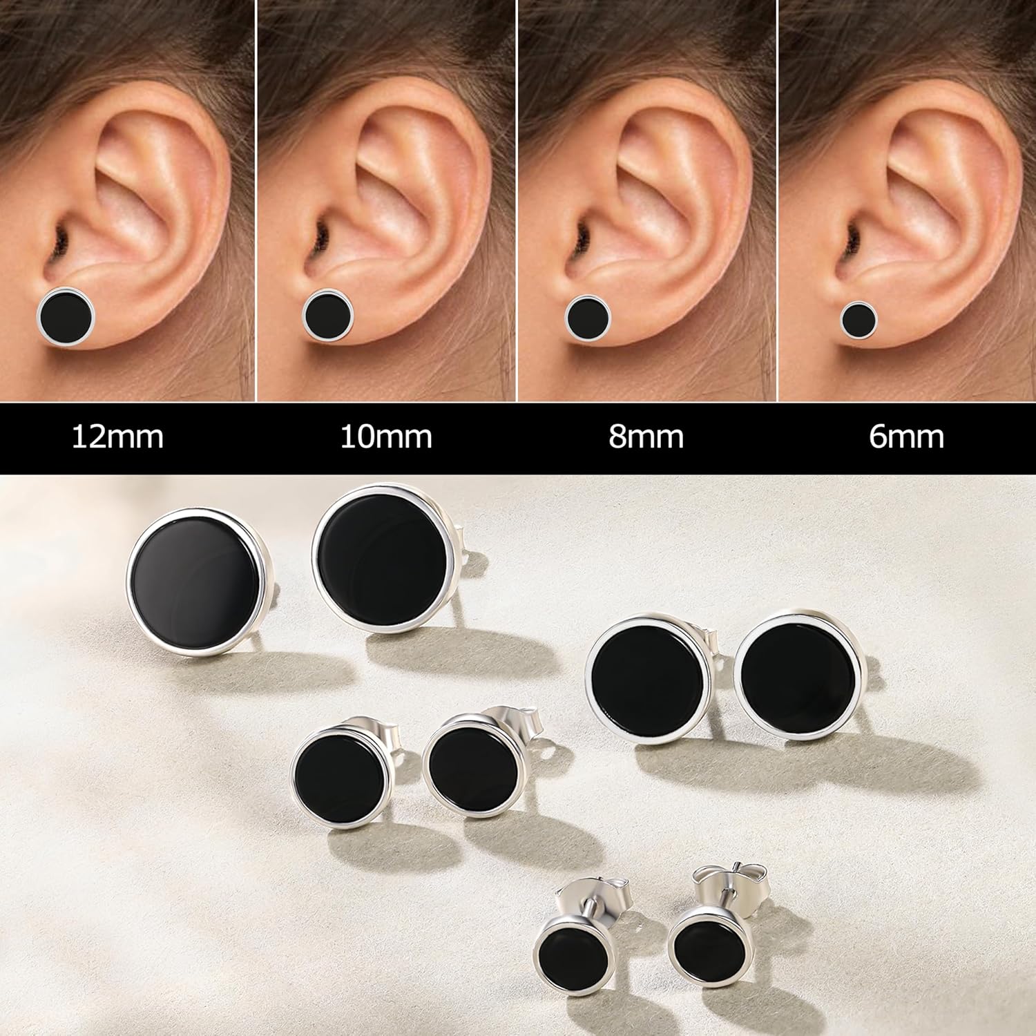 Thumbnail 6 de 925 Sterling Silber Ohrringe Schwarz Achat – Runde Steinfassung, hypoallergen, für Damen und Herren