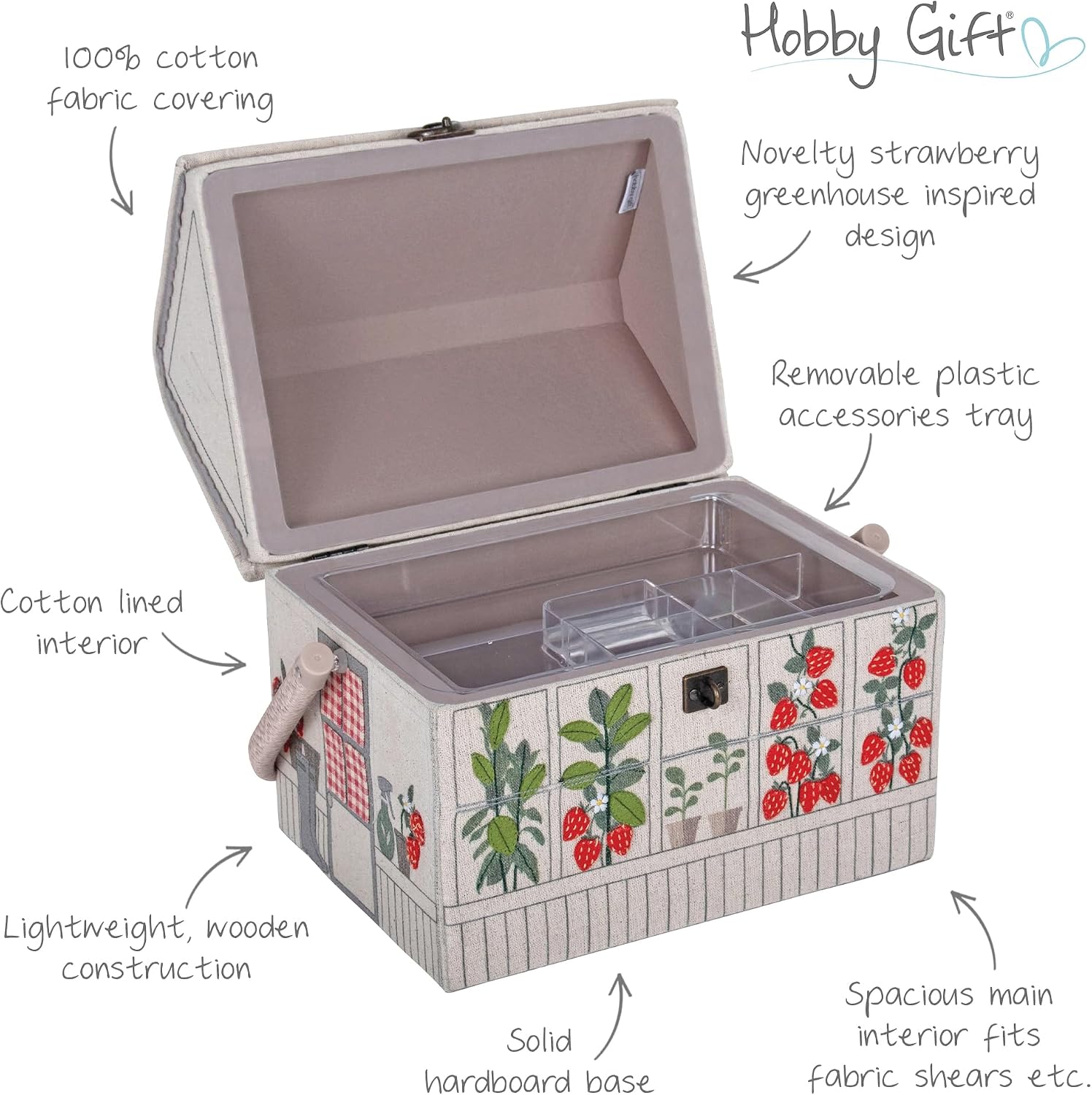Detalle 1 de Hobby Gift pudełko do szycia w kształcie szklarni, haftowane truskawki