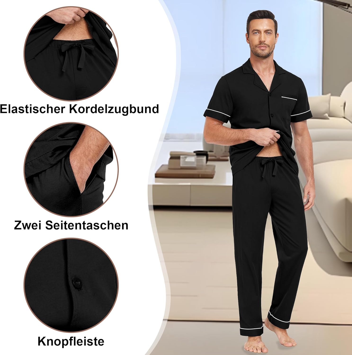 Detalle de EA'S SECRET Schlafanzug-Set aus 100% Baumwolle – Kurzarm-Top und Langhose mit Knopfverschluss