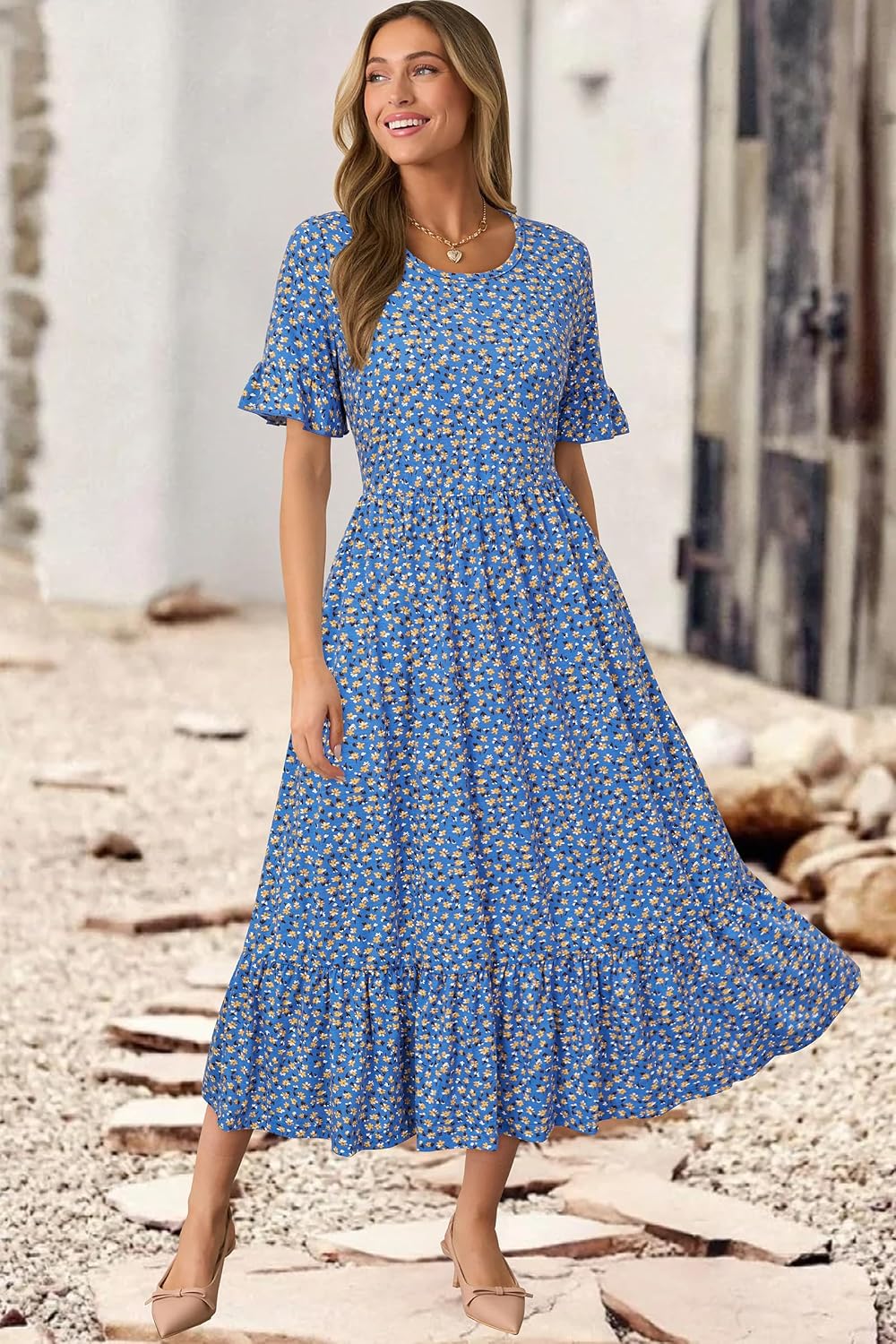 Detalle de STYLEWORD Women Floral Summer Dress with Pockets – Midi Swing Dress