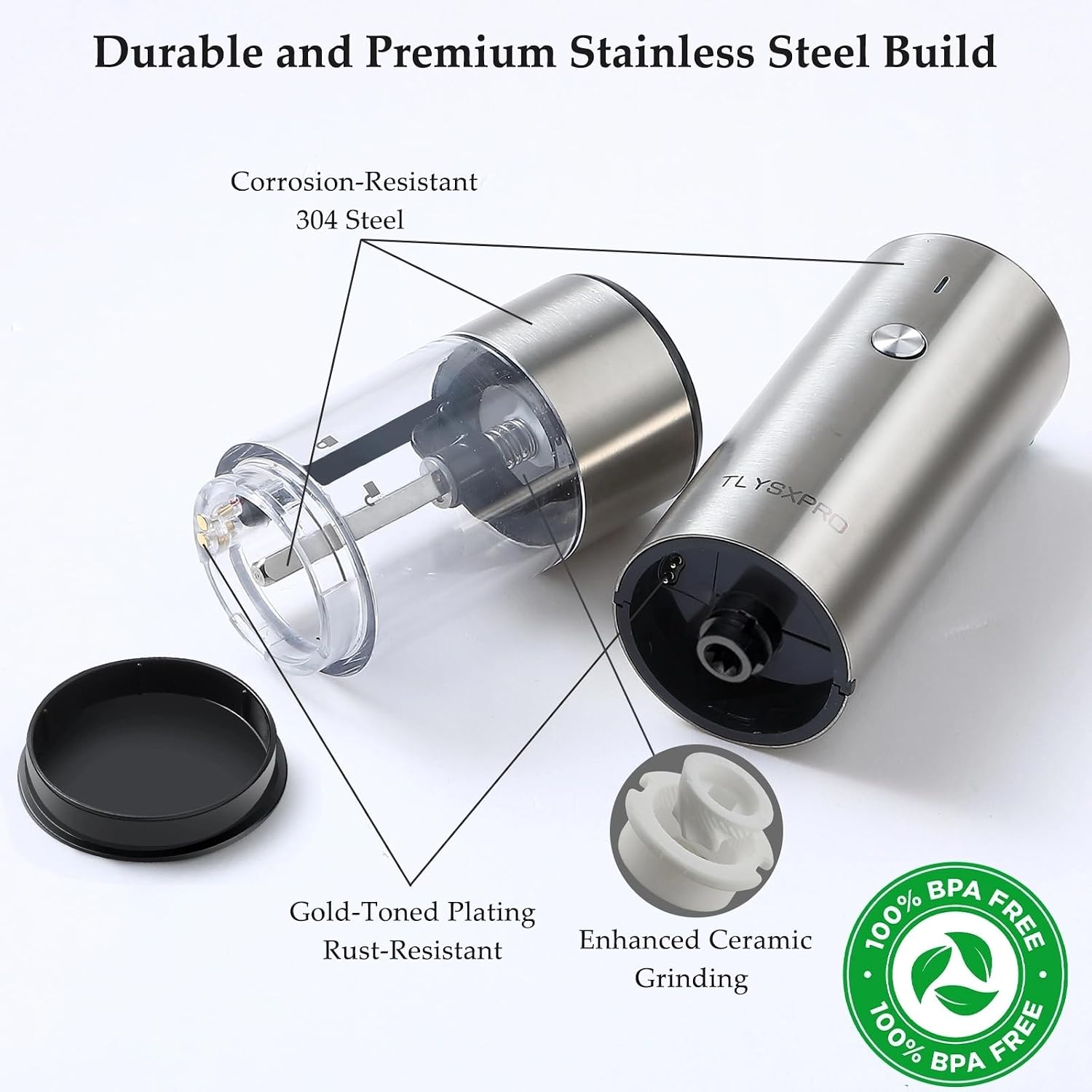 Detalle de Electric Salt and Pepper Grinder Set (2 Pack) – USB Rechargeable, Stainless Steel, Adjustable Coarseness with LED Light