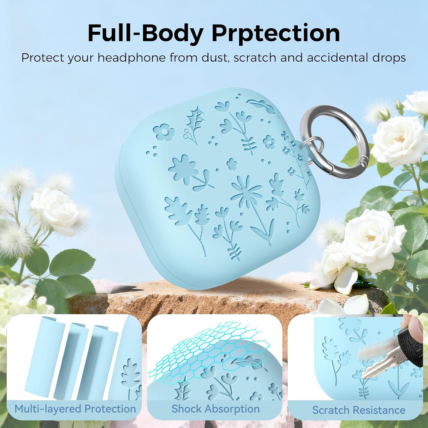 Detalle de AhaStyle Silicone Case for Galaxy Buds4 & Buds4 Pro (2026) – Flower Engraved, Non-Slip, with Carabiner