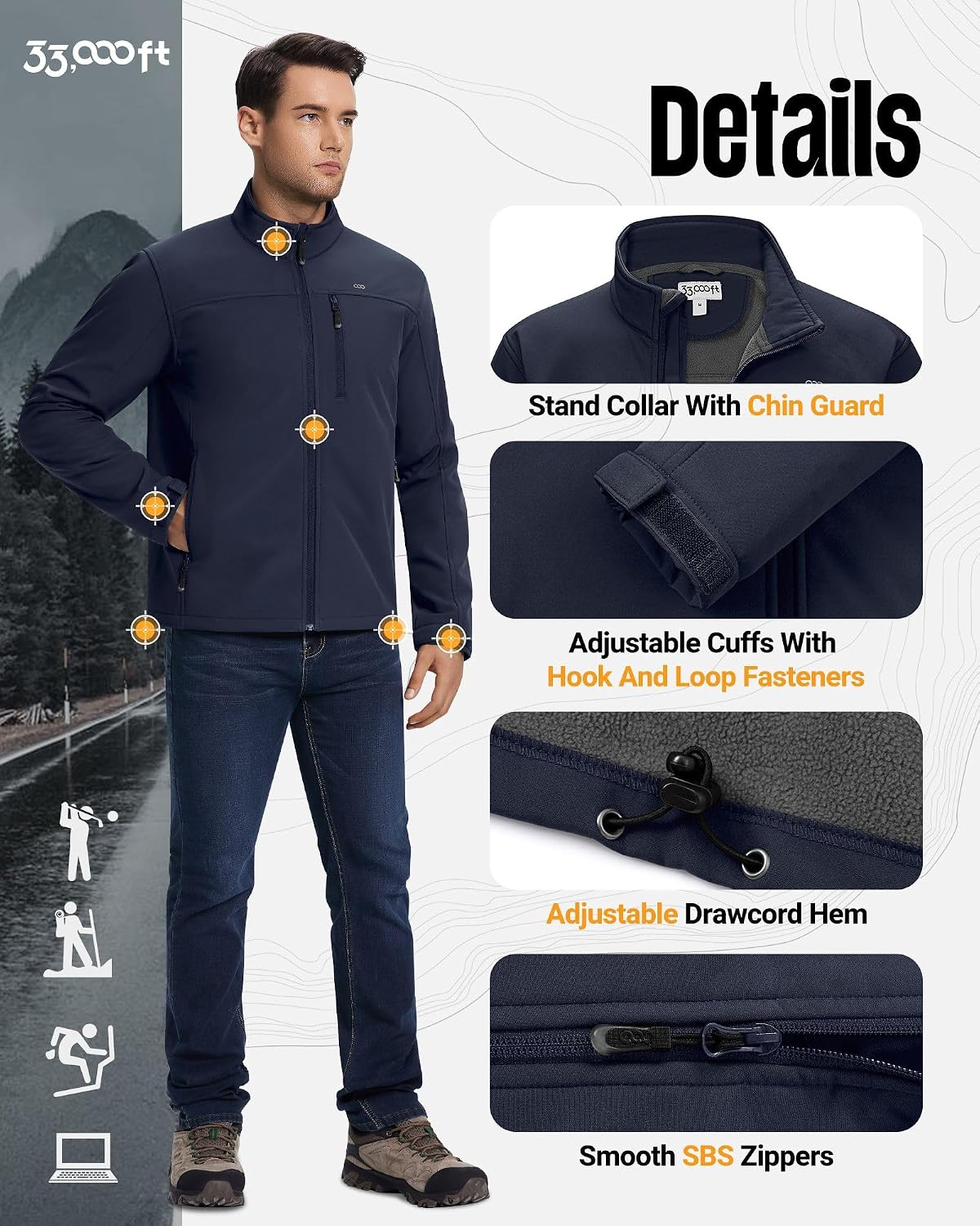 Detalle de 33,000ft Men’s Waterproof Softshell Jacket with Fleece Lining and Zip Pockets
