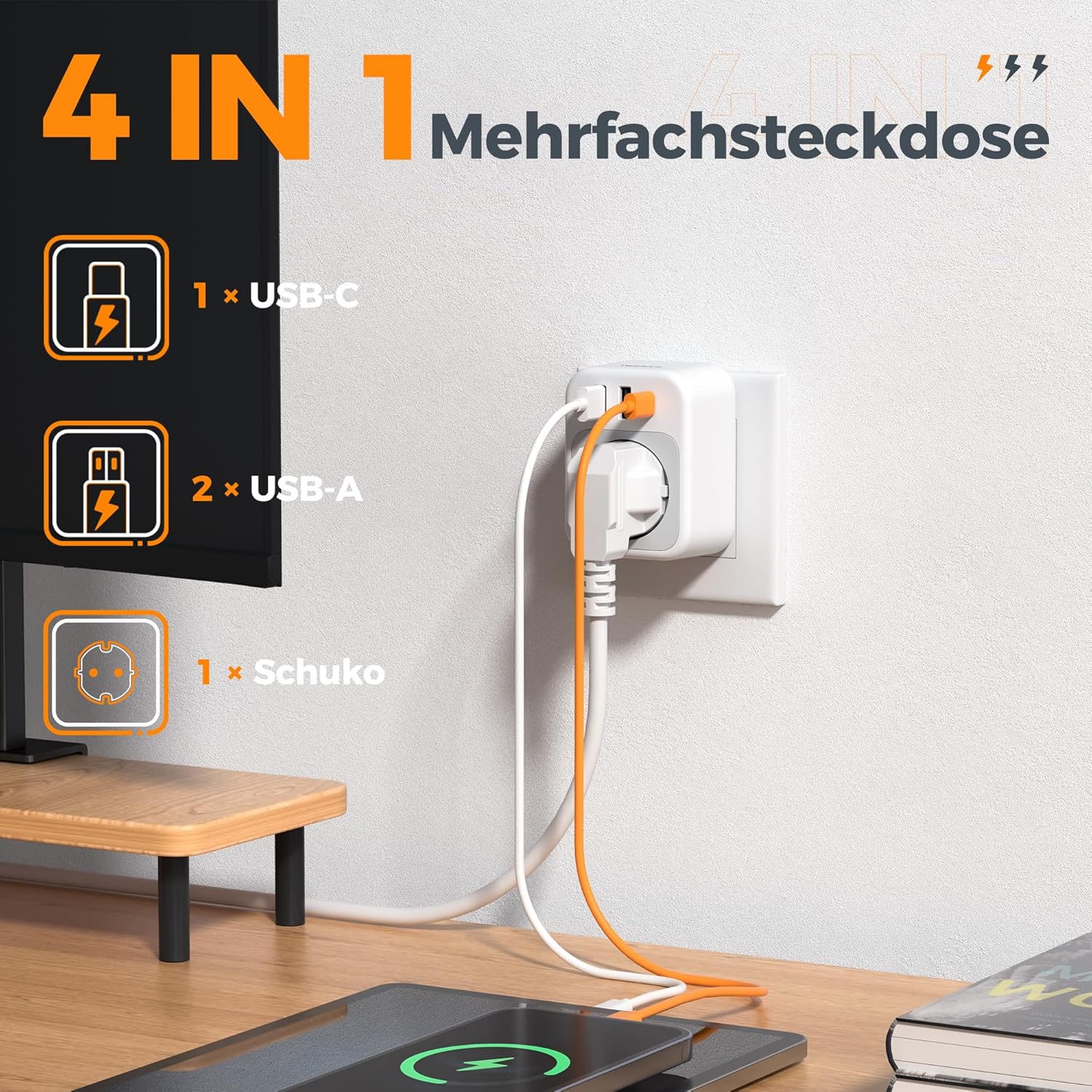 Thumbnail 1 de TESSAN Steckdose mit USB-C und 3 USB (Schuko) – Mehrfachstecker für bis zu 4 Geräte, grau