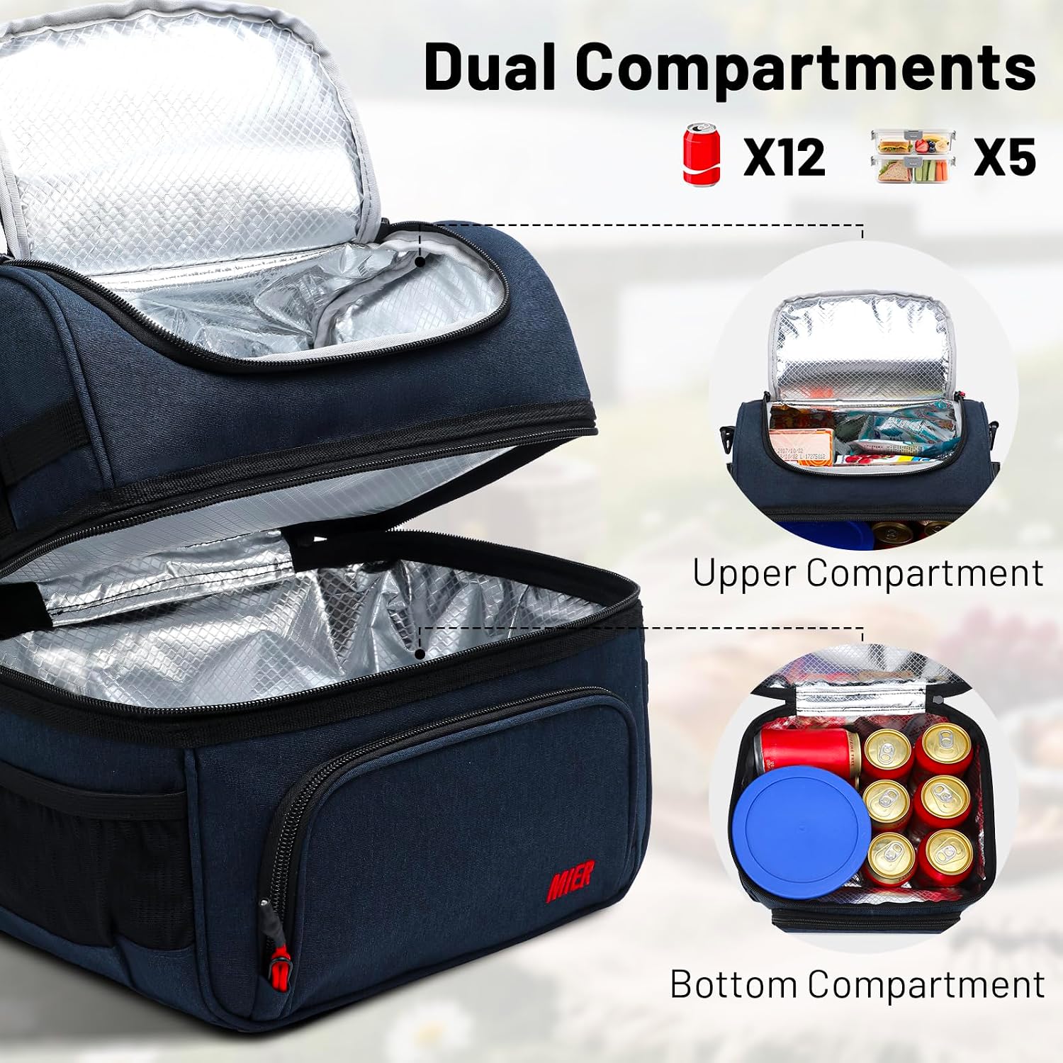 Thumbnail 1 de MIER Dual Compartment Lunch Bag Tote with Shoulder Strap – Insulated, Leakproof Cooler, Dark Blue