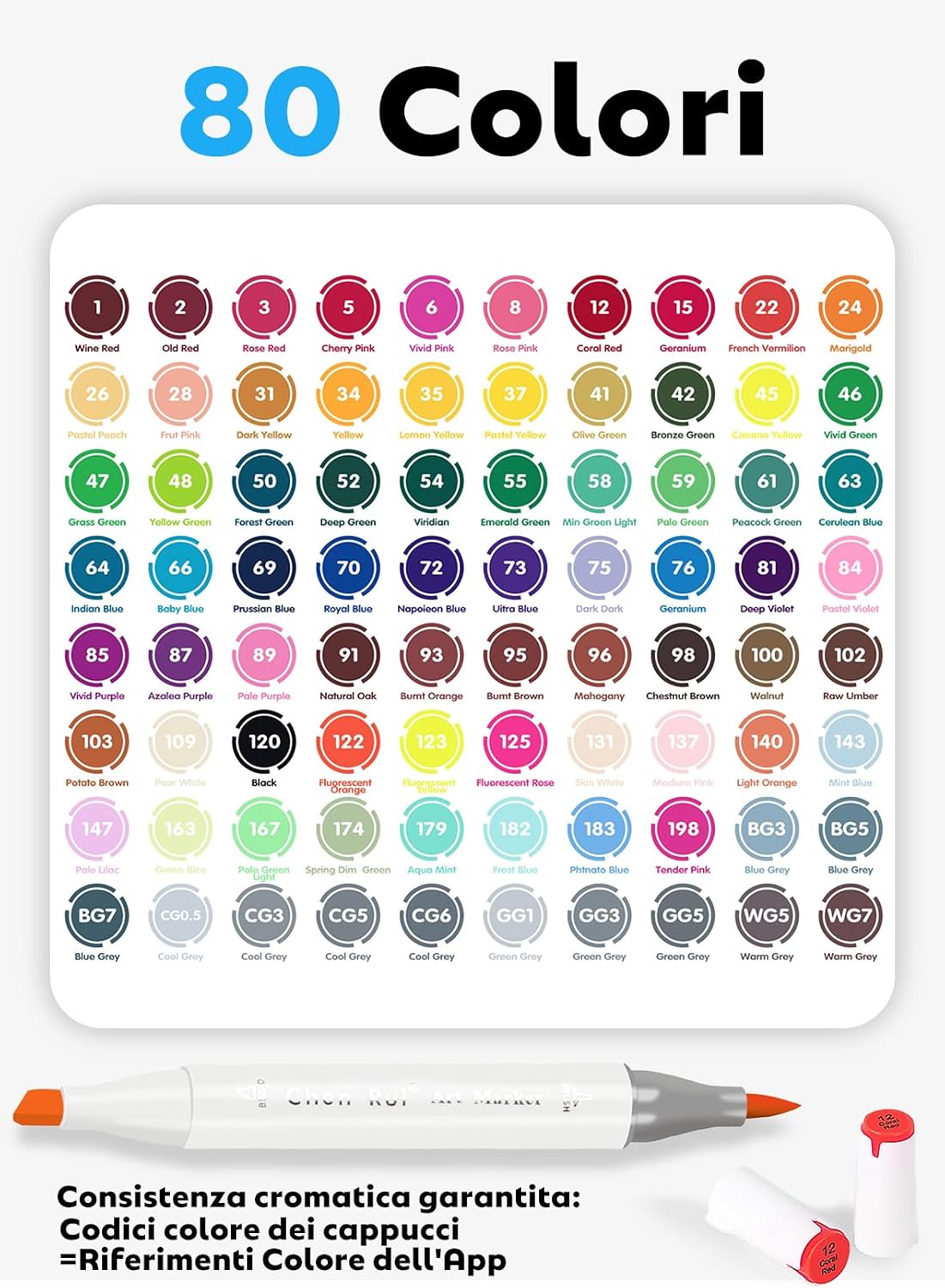 Detalle 2 de Chen Rui 80 Colori Pennarelli ad Alcool con App e Puntya Doppia Punta Brush