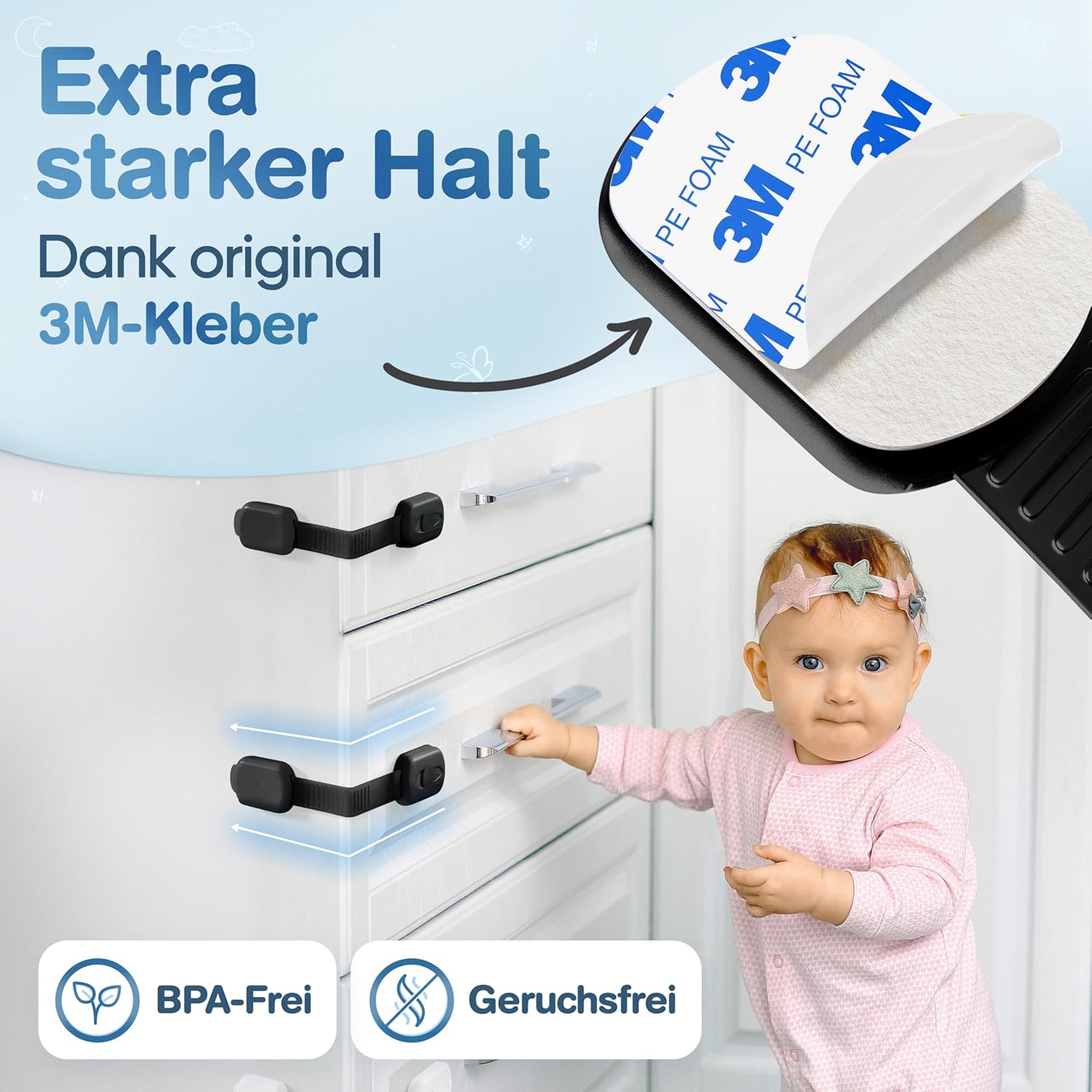 Detalle de ADLERSFELD 10x Kindersicherung Schrank – mit 3M Kleber, rückstandsfrei entfernbar, BPA-frei