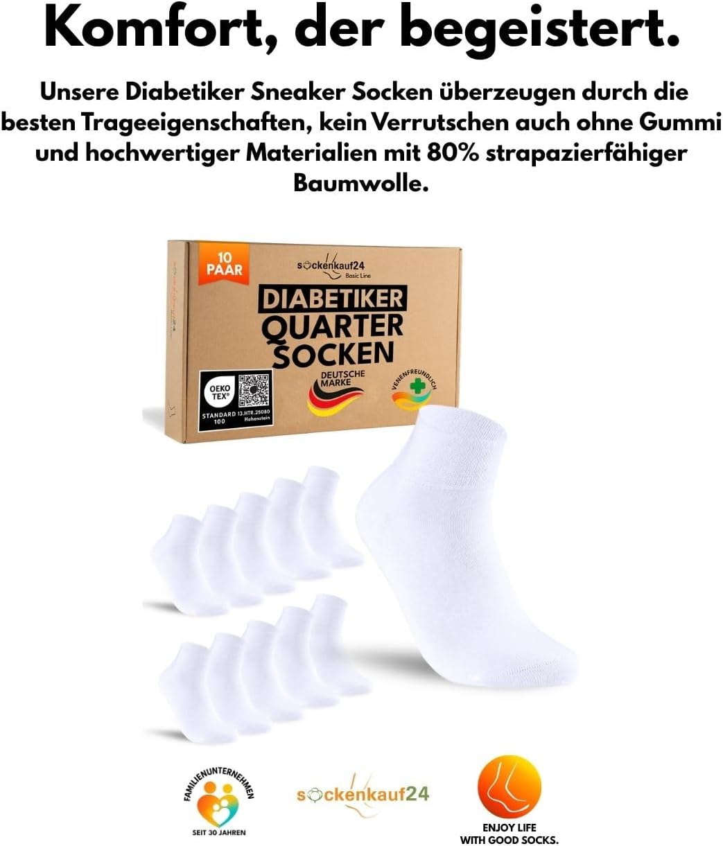 Detalle de sockenkauf24 – 10 Paar kurze Diabetikersocken (Quarter) ohne Gummibund, Nahtfrei, für Damen & Herren
