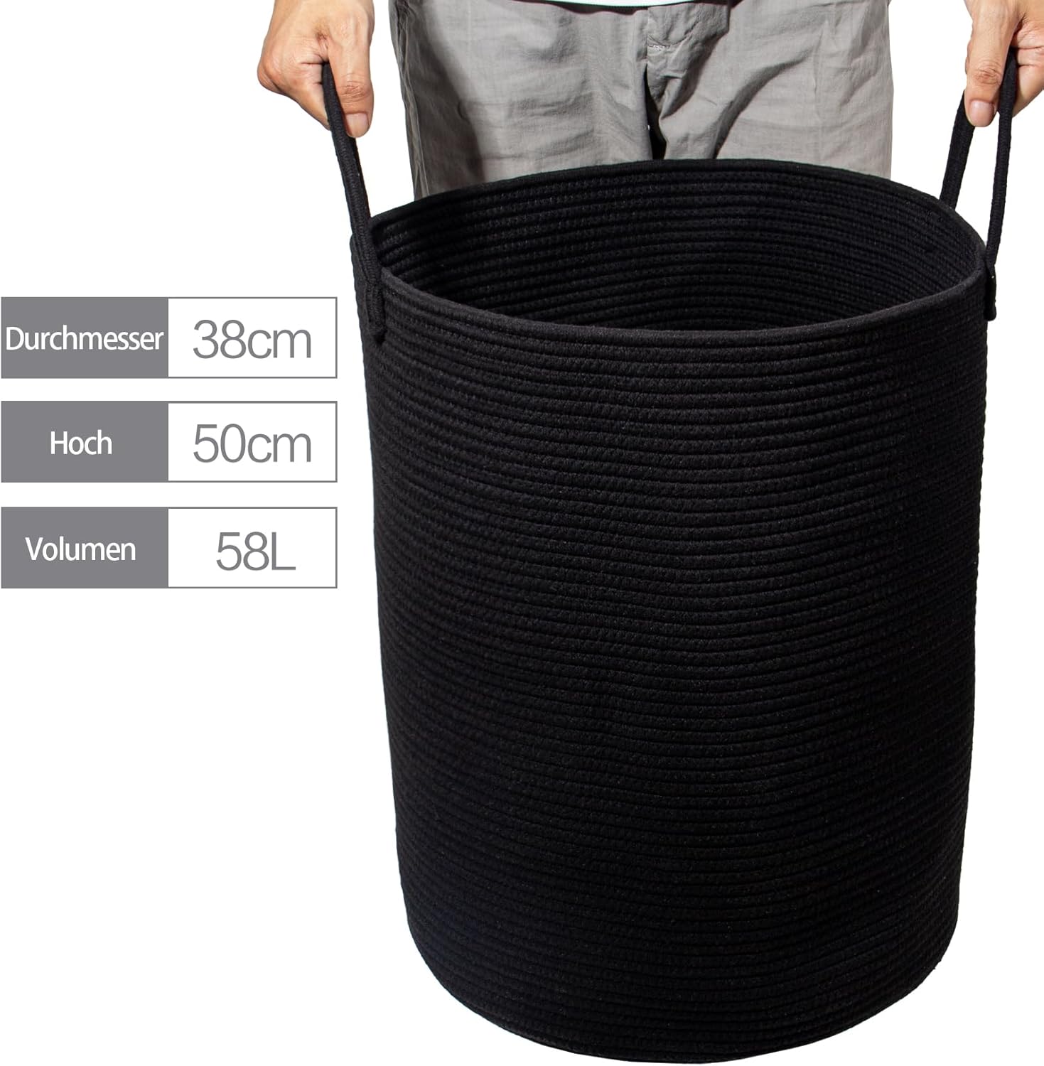 Thumbnail 1 de SYLANDO Wäschekorb mit Henkel – geflochtene Aufbewahrungsbox für Spielzeug & Wäsche (Schwarz, D 38 x H 50 cm)