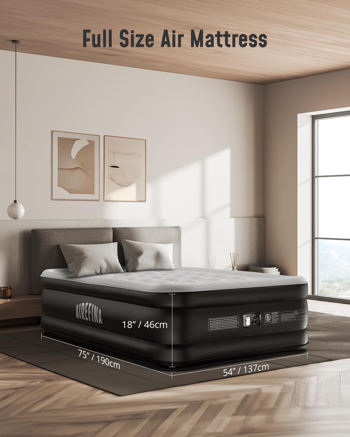 Detalle 2 de Airefina Double Air Mattress with Built-In Electric Pump, Flocked Top, 190×137×46cm