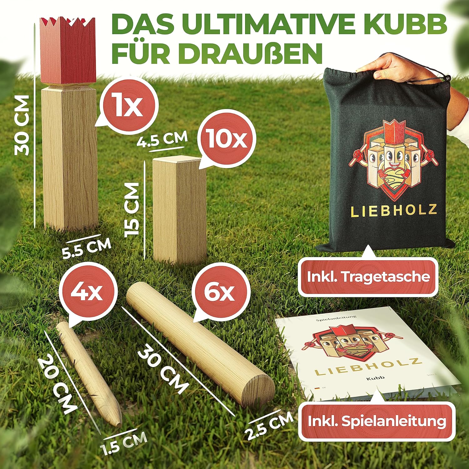 Thumbnail 1 de Liebholz® Original Kubb Wikinger Wurfspiel (FSC Gummibaumholz) – Set mit Tragebeutel & Spielanleitung, Größe L