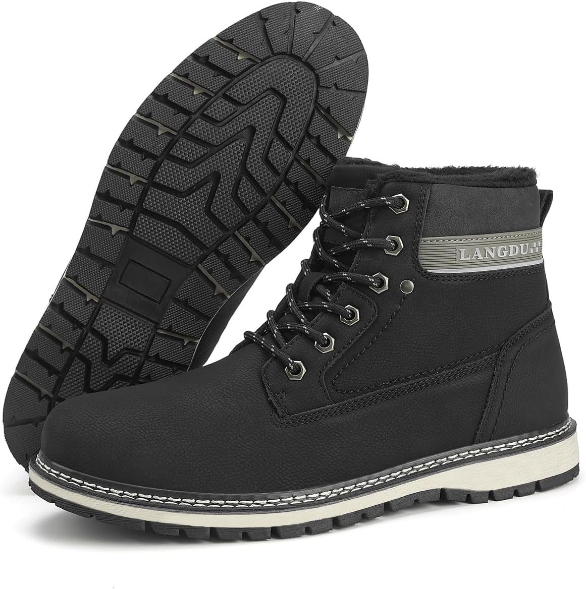 Detalle de LANGDU bottes homme d’hiver en cuir synthétique fourrées (41 à 46) : chaudes et antidérapantes