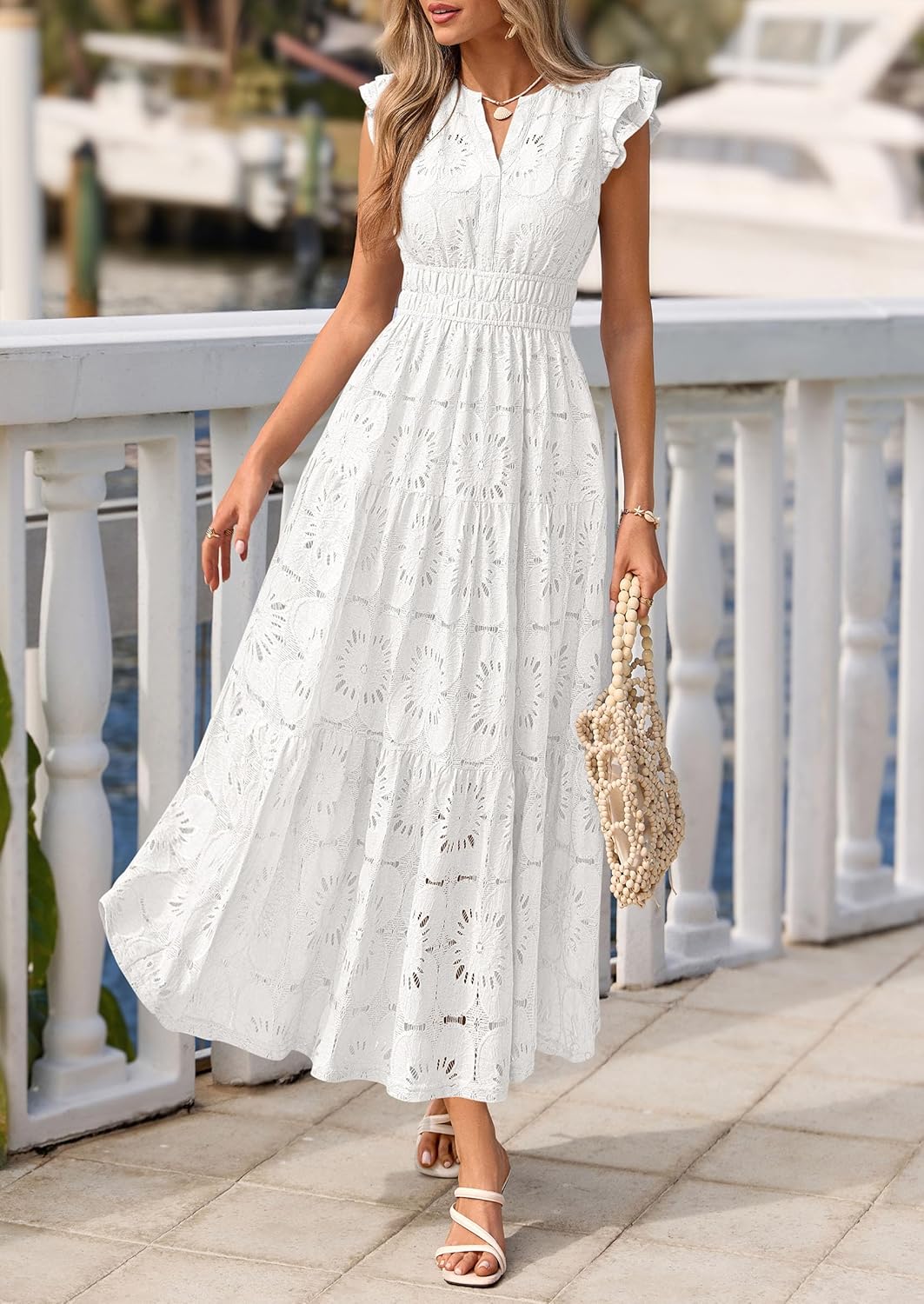 Detalle de PRETTYGARDEN Women's Boho Maxi Dress – Floral Lace Eyelet V-Neck (2026 Summer)