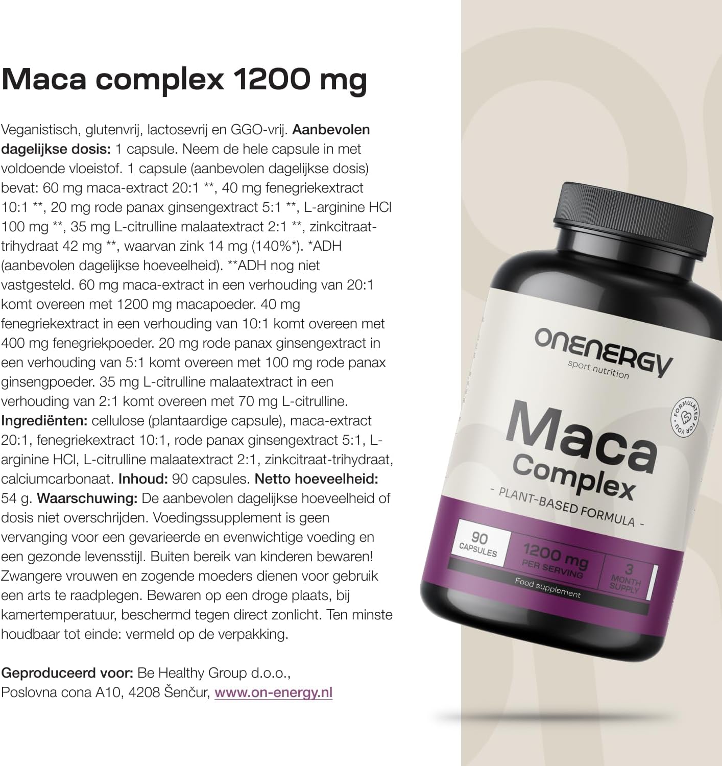 Detalle 2 de ONENERGY Maca Complex 1200 mg met 20:1-extract, L-arginine en 90 capsules