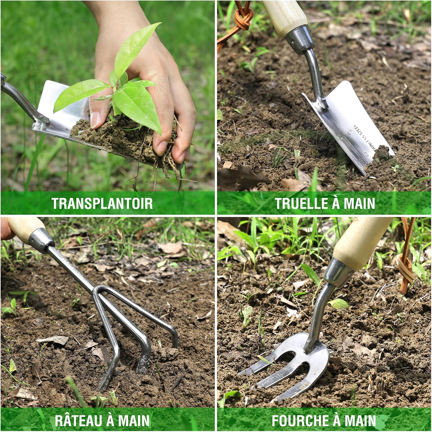 Detalle de WORKPRO Ensemble d'Outils de Jardinage 8 pièces – Acier inoxydable et poignée en bois