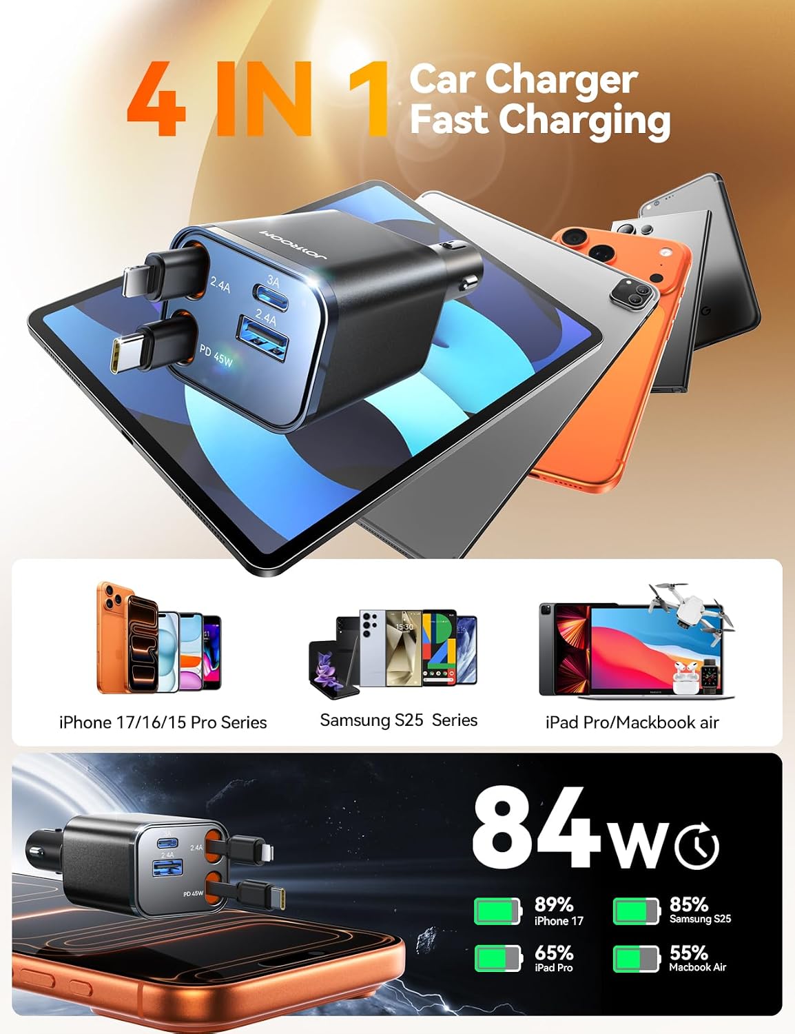 Thumbnail 3 de JOYROOM 2026 Ultra-Compact 84W Retractable Car Charger with PD45W and 4 Ports