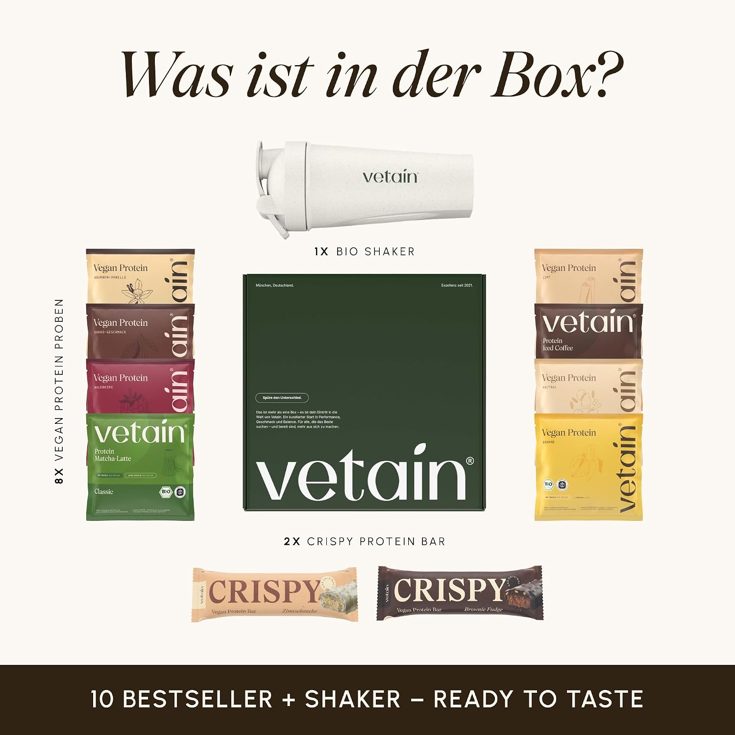 Detalle 2 de VETAIN Protein Probierpaket + Gratis Shaker – 8 vegane Proteinpulver, 2 Crispy Riegel und Shaker
