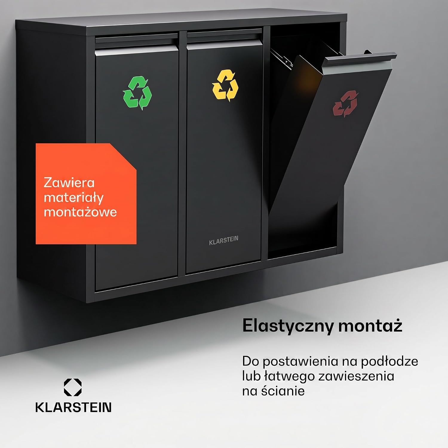 Detalle de Klarstein Ordnungshüter 3 3-in-1 Kitchen Bin, 45L, 3 x 15L Removable Bins, Black