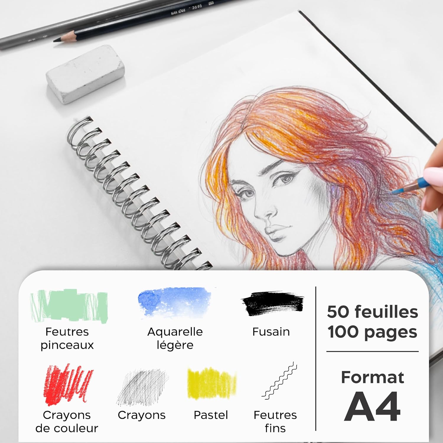 Thumbnail 2 de Zenacolor Cahier de dessin A4 200 g/m² – papier très épais, 50 feuilles (100 pages), couverture rigide et spirale