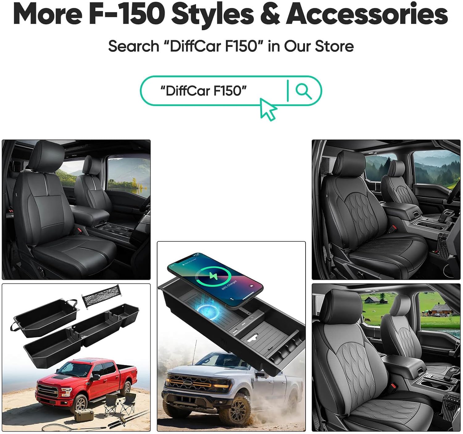 Detalle de DiffCar Ford F-150 Front Seat Covers (2015-2026): Custom Leather Look, edge-to-edge fit for SuperCrew/Crew Cab
