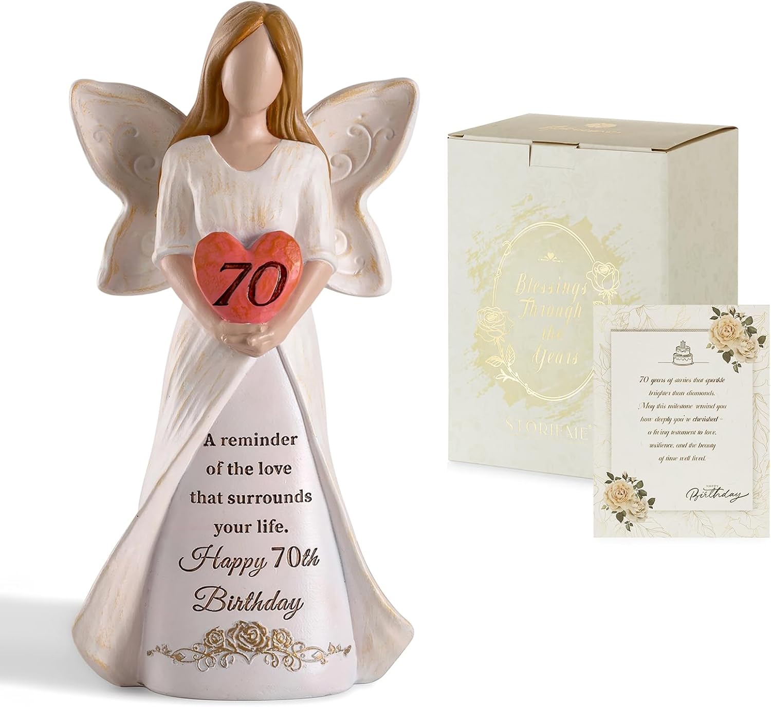 Storieme 70th Birthday Angel Figurine (Hand-Painted Resin) – 19cm Heart-Craddling Tribute Gift-Ready