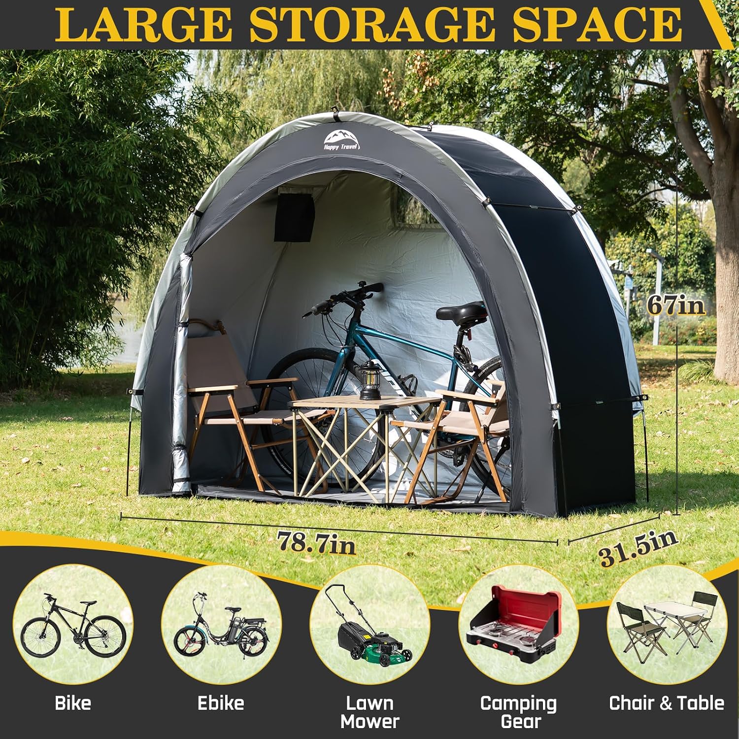 Detalle de HAPPY TRAVEL XL for 2 or 3 Bikes-Black Bike Storage Tent, Waterproof 210D Oxford