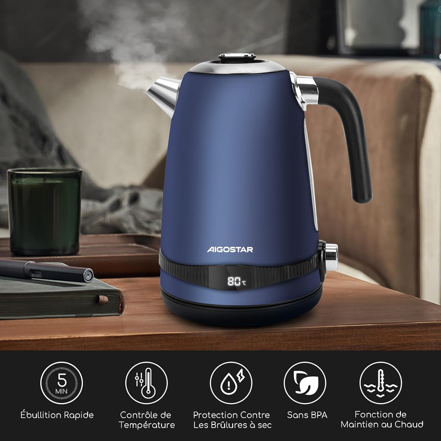 Thumbnail 6 de Aigostar bouilloire électrique à température réglable inox 1,7 L bleu foncé vintage