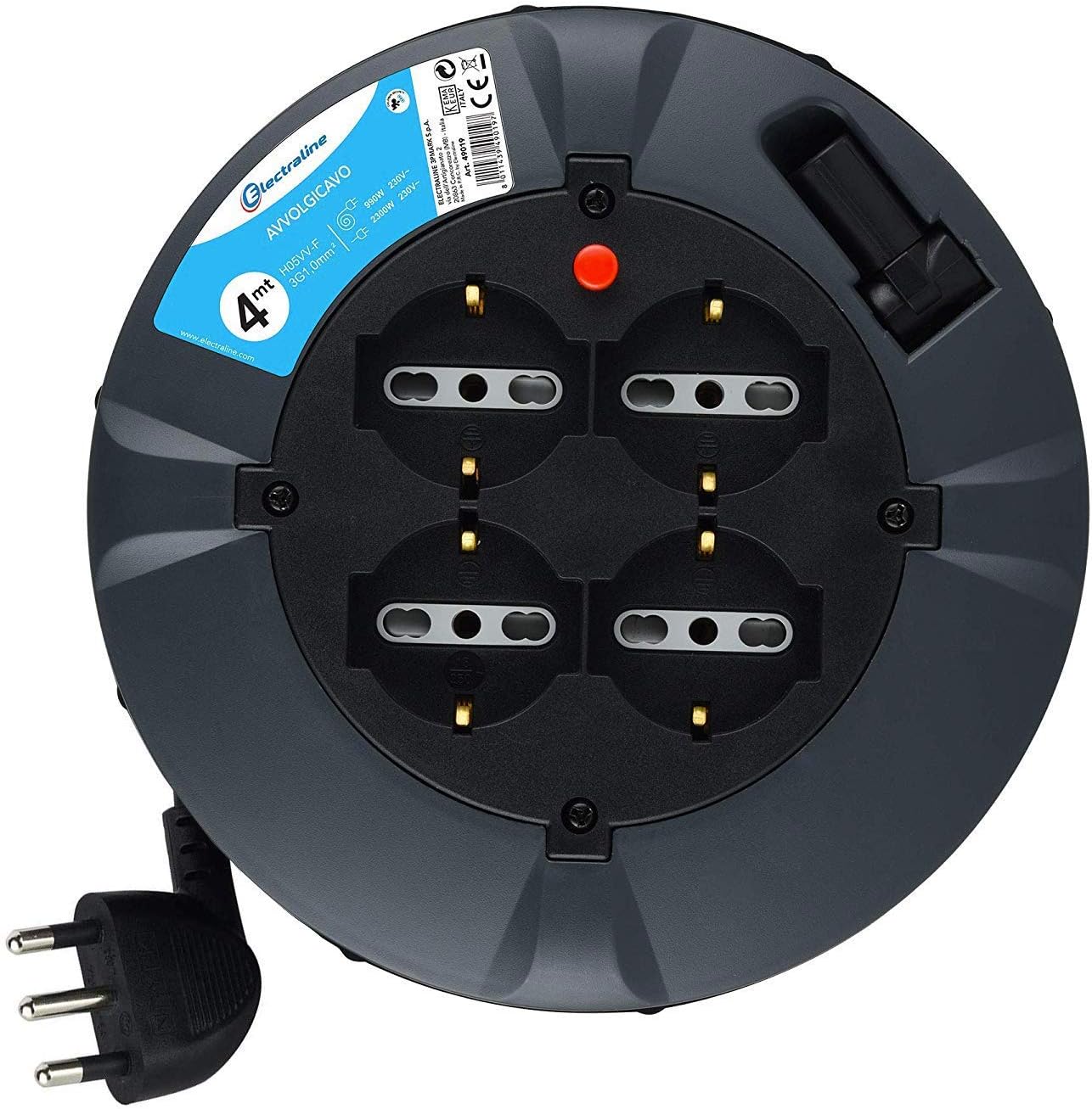 Electraline 49019 Prolunga con Avvolgicavo 4 prese