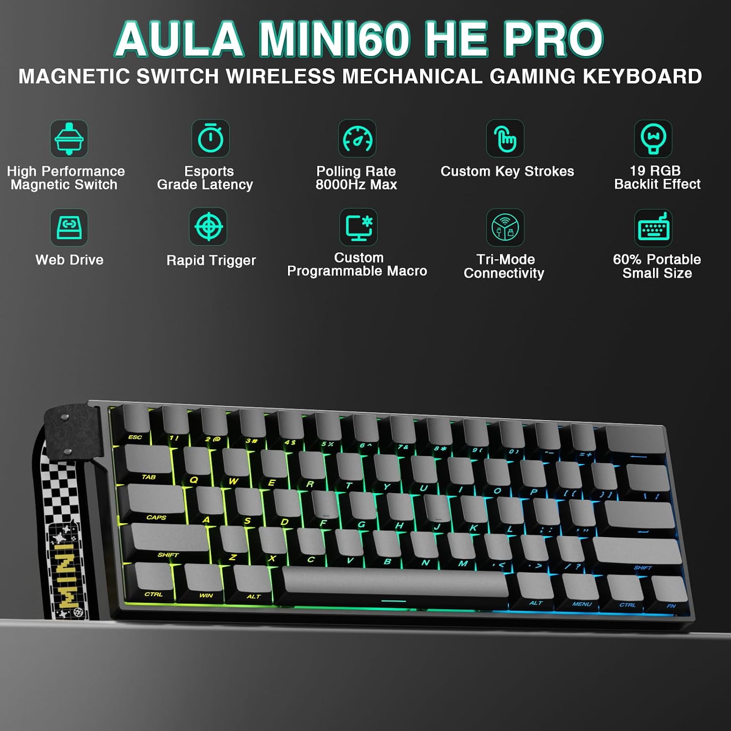 Thumbnail 1 de AULA MINI60 HE PRO Wireless Gaming Keyboard 60%: Hall Effect, 8000Hz, Tri-Mode